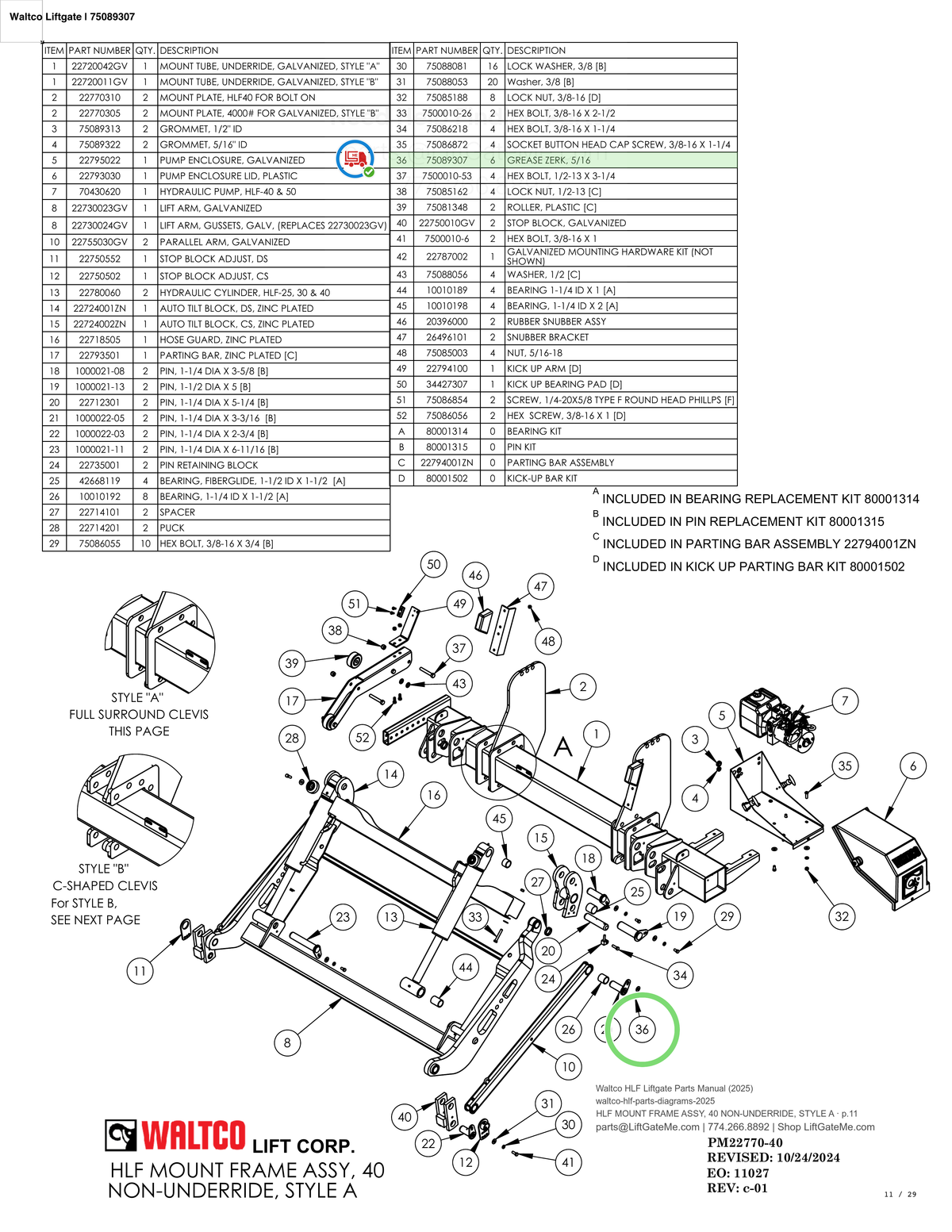 Waltco Liftgate | 75089307 — HLF MOUNT FRAME ASSY, 40 NON-UNDERRIDE, STYLE A · p.11 (Waltco HLF Parts Manual)