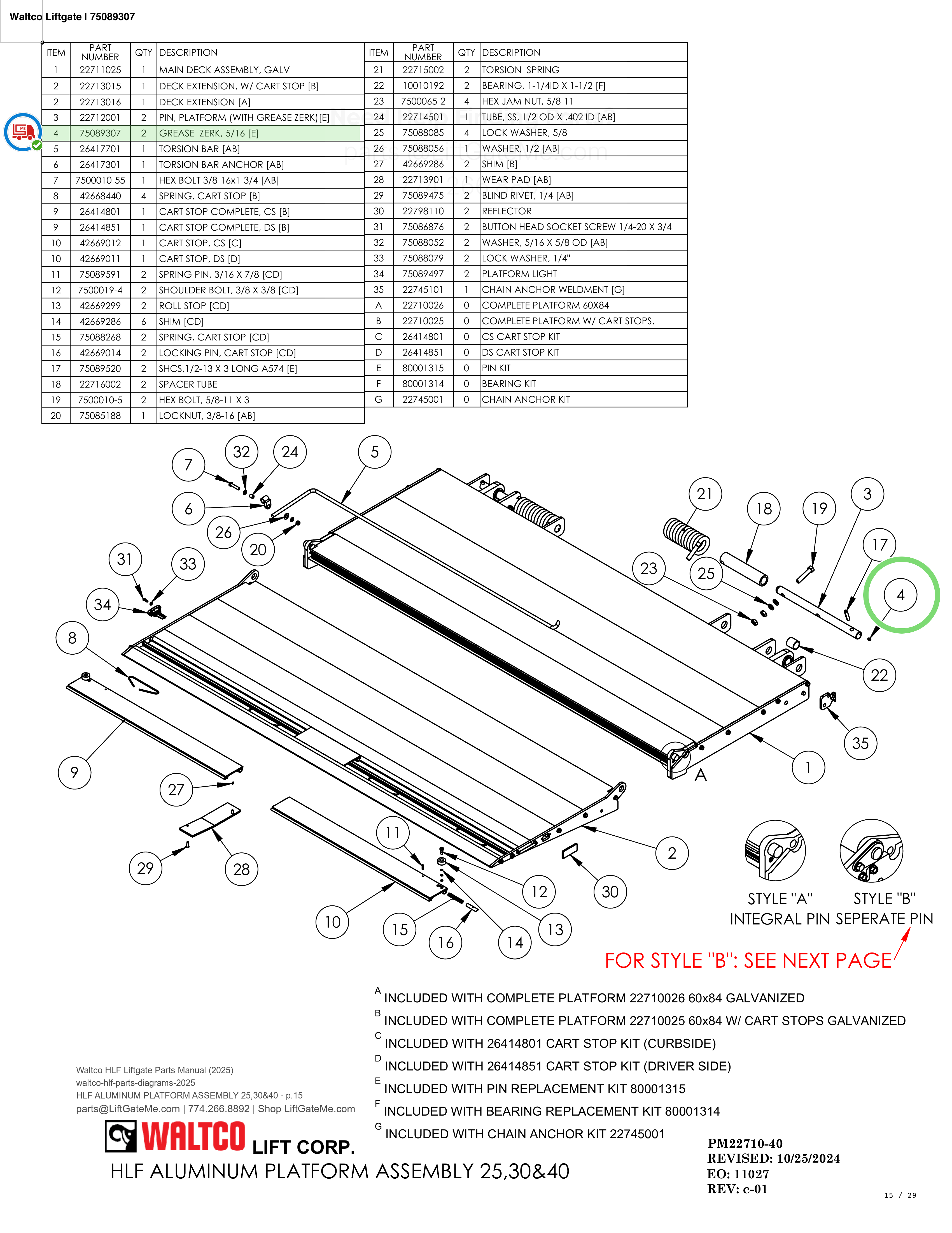 Waltco Liftgate | 75089307 — HLF ALUMINUM PLATFORM ASSEMBLY 25,30&40 · p.15 (Waltco HLF Parts Manual)