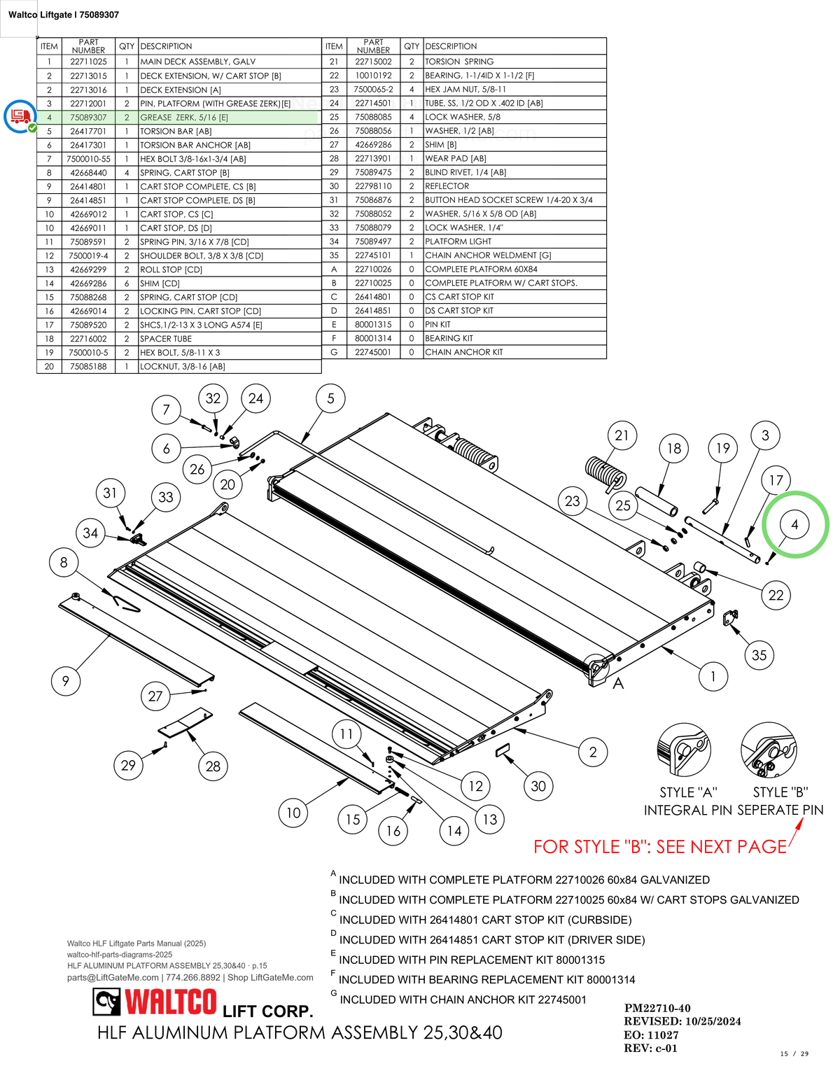 Waltco Liftgate | 75089307 — HLF ALUMINUM PLATFORM ASSEMBLY 25,30&40 · p.15 (Waltco HLF Parts Manual)