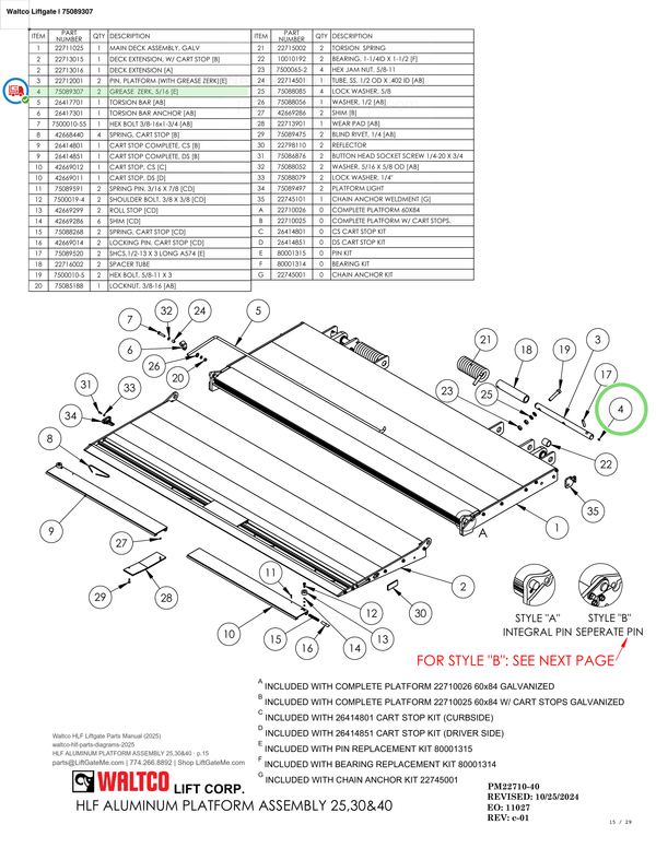 Waltco Liftgate | 75089307 — HLF ALUMINUM PLATFORM ASSEMBLY 25,30&40 · p.15 (Waltco HLF Parts Manual)
