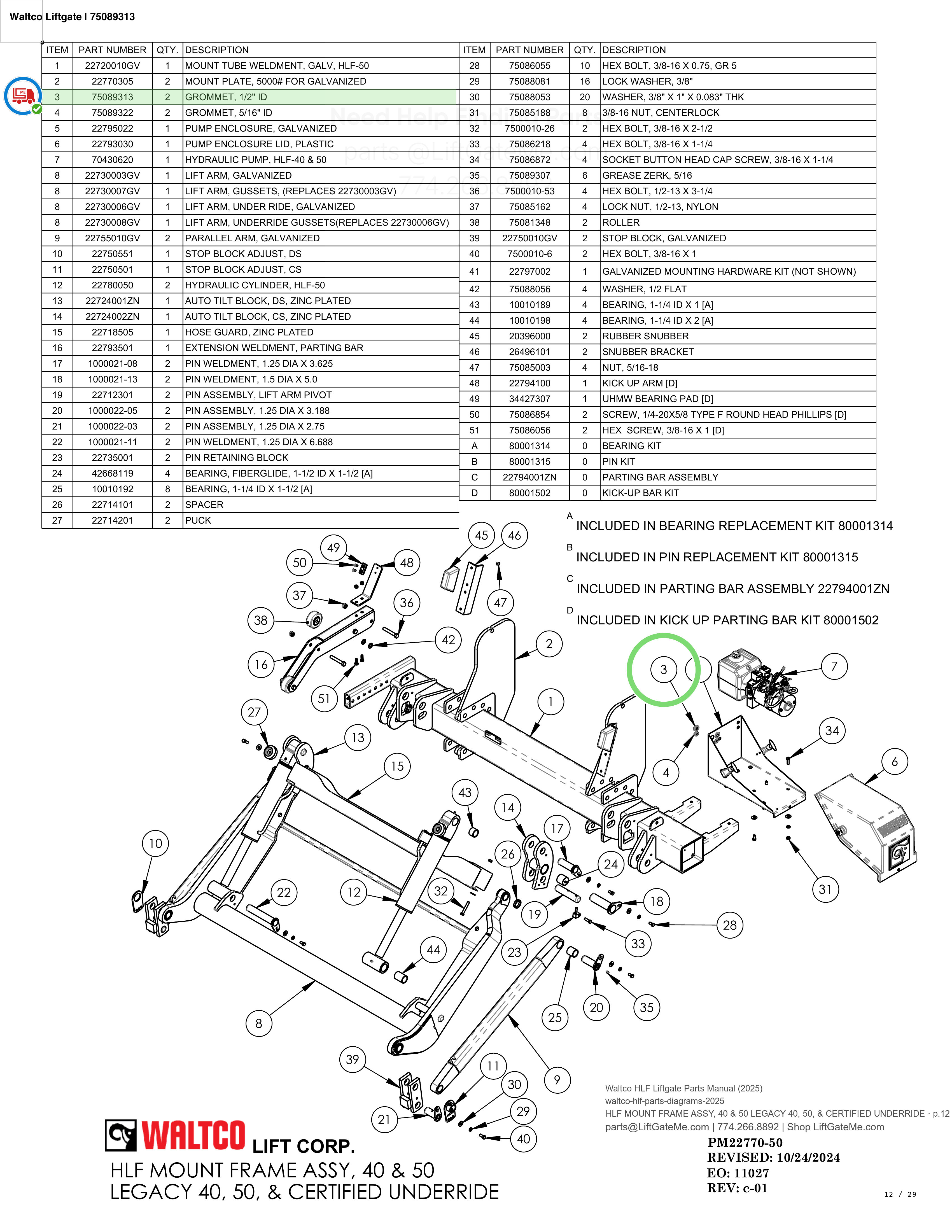Waltco Liftgate | 75089313 — HLF MOUNT FRAME ASSY, 40 & 50 LEGACY 40, 50, & CERTIFIED UNDERRIDE · p.12 (Waltco HLF Parts Manual)