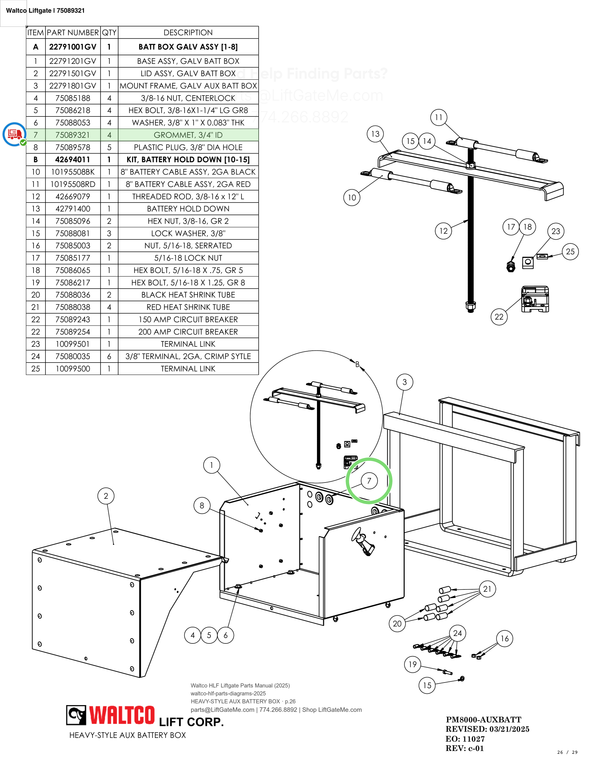 Waltco Liftgate | 75089321 — HEAVY-STYLE AUX BATTERY BOX · p.26 (Waltco HLF Parts Manual)