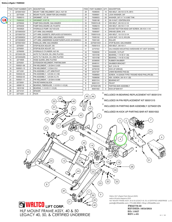 Waltco Liftgate | 75089322 — HLF MOUNT FRAME ASSY, 40 & 50 LEGACY 40, 50, & CERTIFIED UNDERRIDE · p.12 (Waltco HLF Parts Manual)