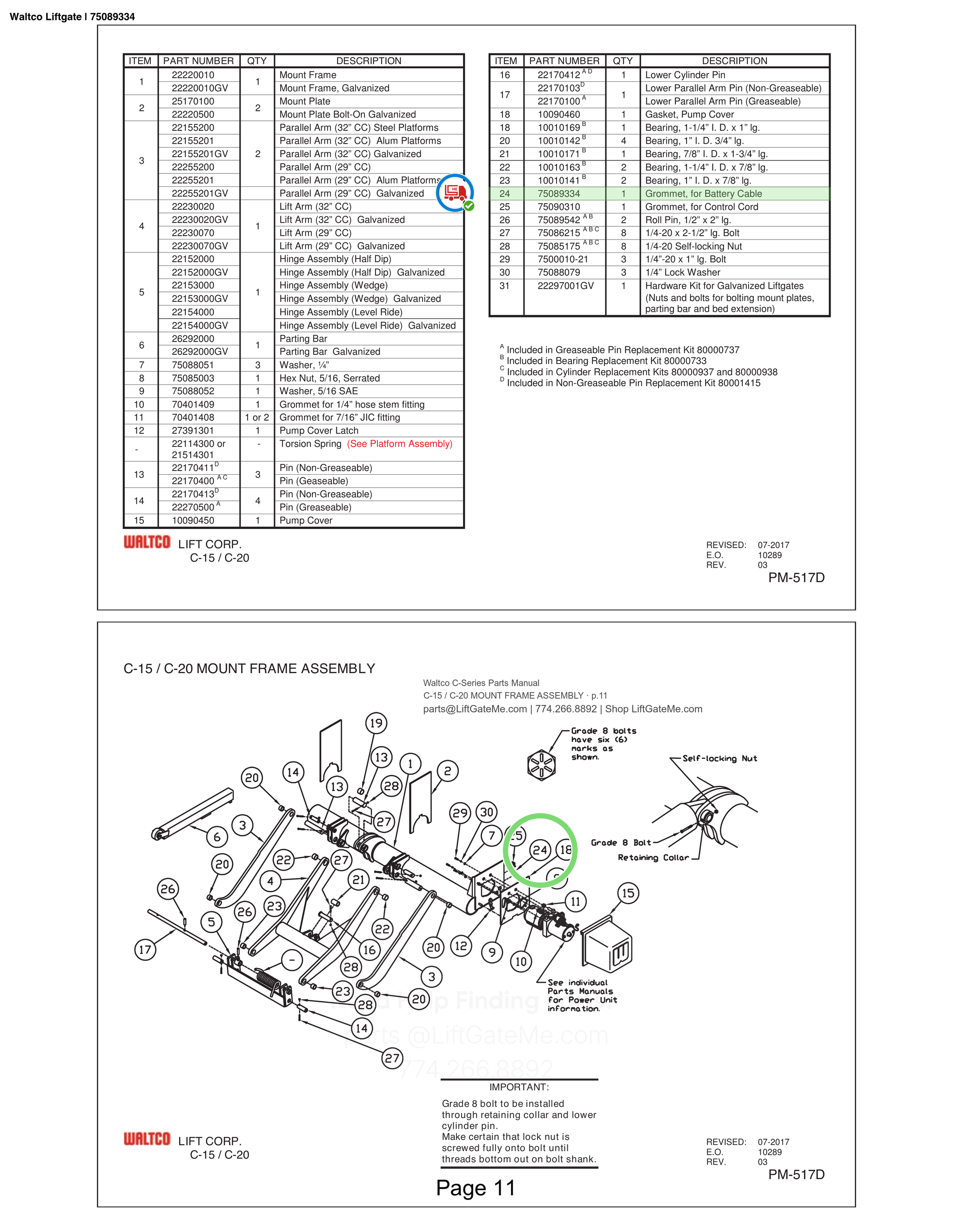 Waltco Liftgate | 75089334 — C-15 / C-20 MOUNT FRAME ASSEMBLY · p.11 (Waltco C-Series Parts Manual)
