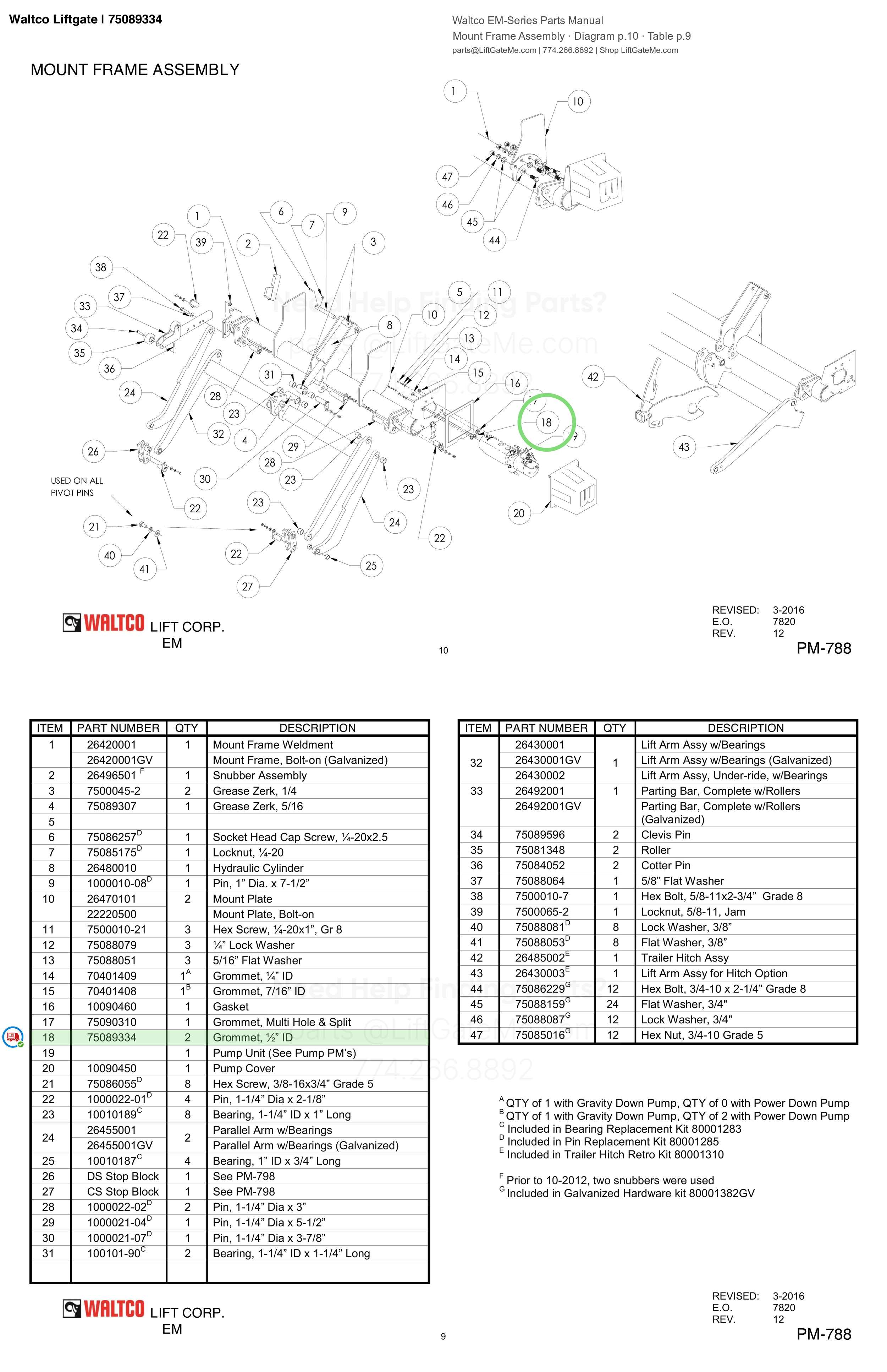Waltco Liftgate | 75089334 — Mount Frame Assembly · Diagram p.10 · Table p.9 (Waltco EM-Series Parts Manual)
