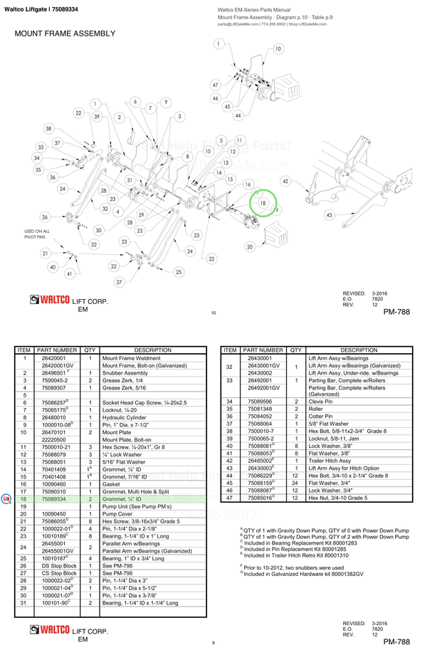 Waltco Liftgate | 75089334 — Mount Frame Assembly · Diagram p.10 · Table p.9 (Waltco EM-Series Parts Manual)