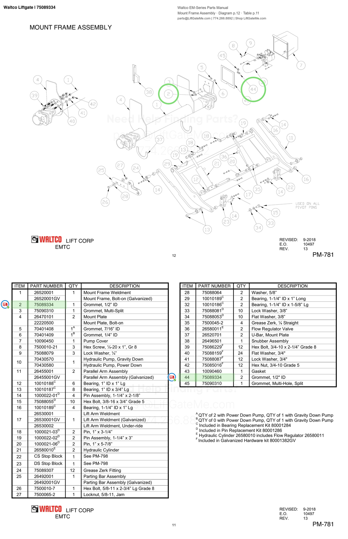 Waltco Liftgate | 75089334 — Mount Frame Assembly · Diagram p.12 · Table p.11 (Waltco EM-Series Parts Manual)