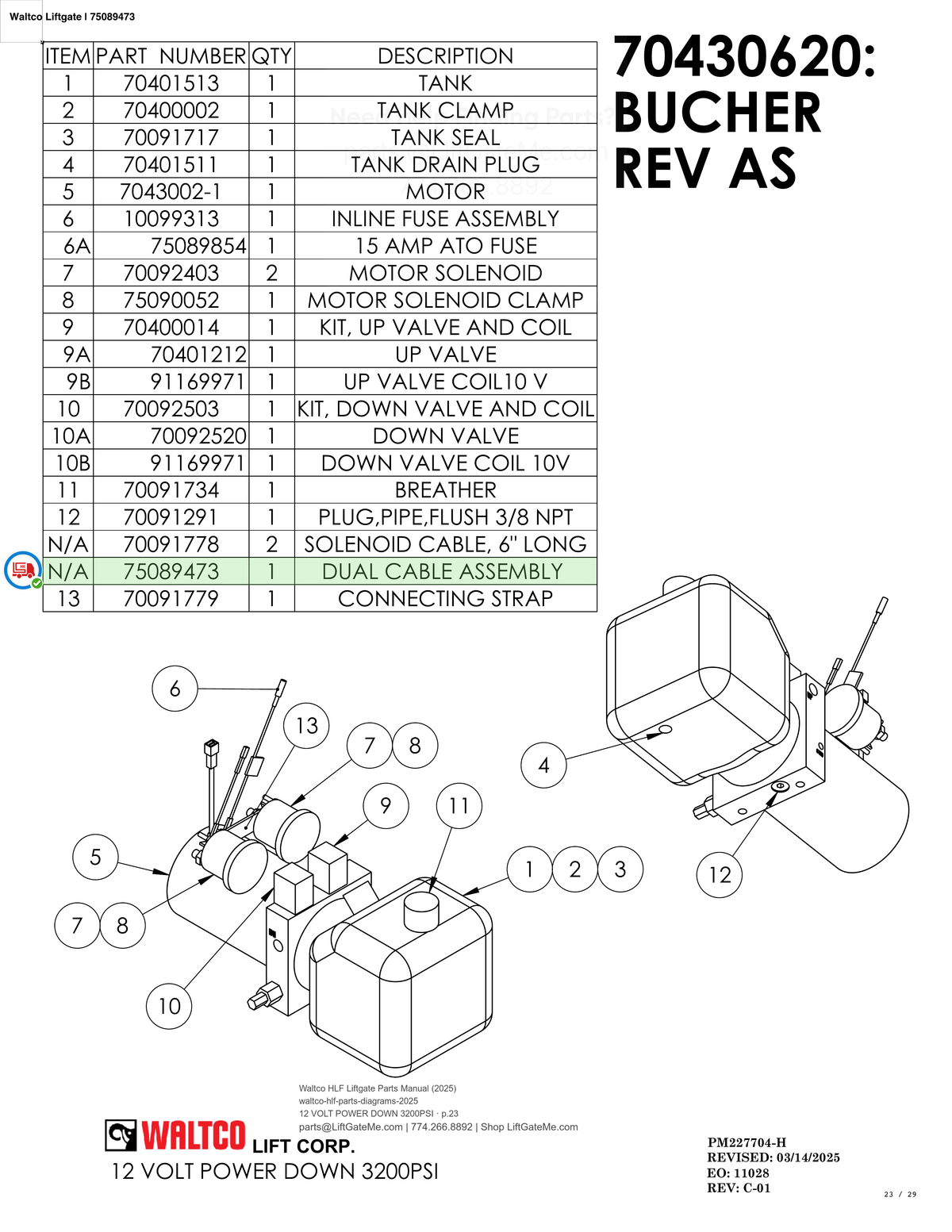 Waltco Liftgate | 75089473 — 12 VOLT POWER DOWN 3200PSI · p.23 (Waltco HLF Parts Manual)