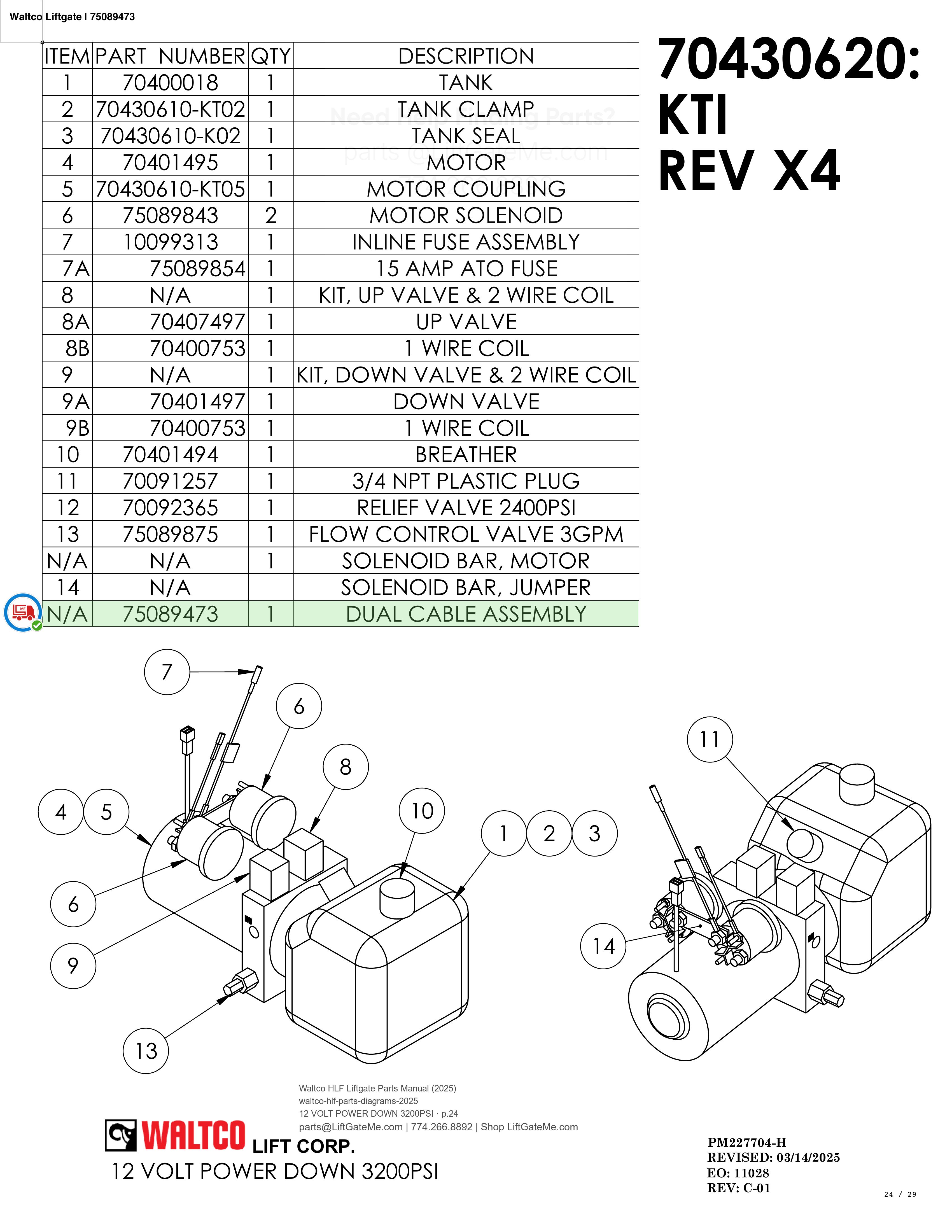 Waltco Liftgate | 75089473 — 12 VOLT POWER DOWN 3200PSI · p.24 (Waltco HLF Parts Manual)