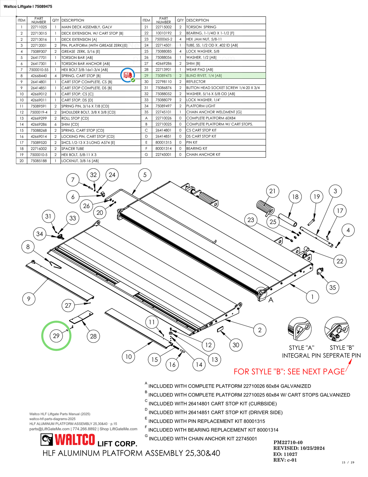 Waltco Liftgate | 75089475 — HLF ALUMINUM PLATFORM ASSEMBLY 25,30&40 · p.15 (Waltco HLF Parts Manual)