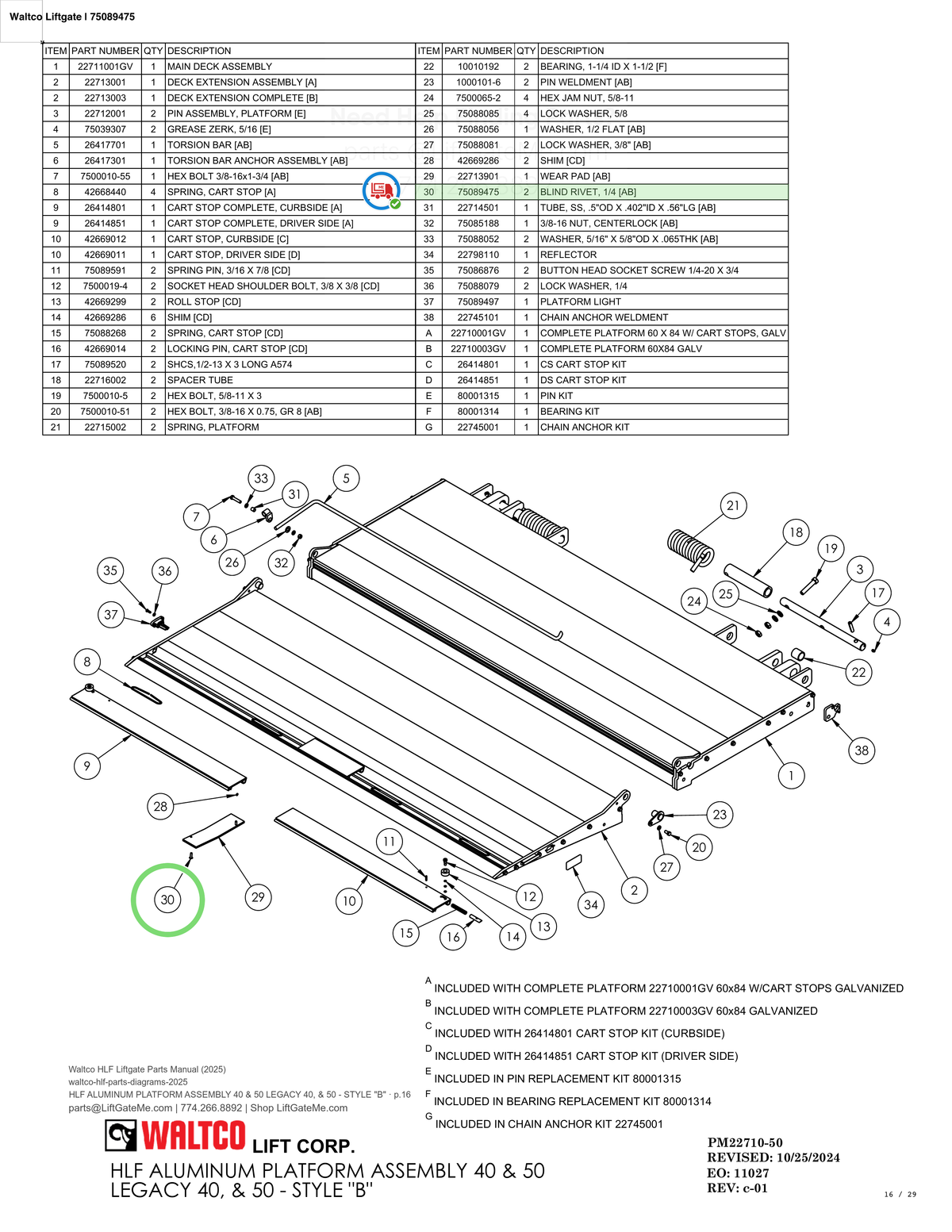 Waltco Liftgate | 75089475 — HLF ALUMINUM PLATFORM ASSEMBLY 40 & 50 LEGACY 40, & 50 - STYLE "B" · p.16 (Waltco HLF Parts Manual)