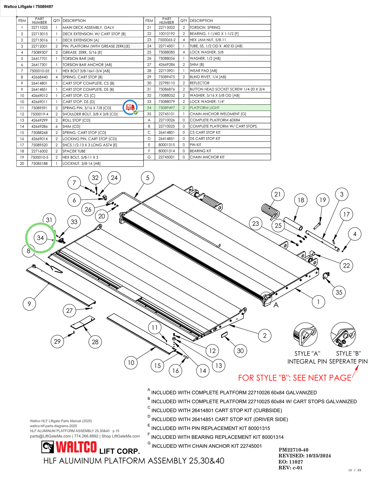 Waltco Liftgate | 75089497 — HLF ALUMINUM PLATFORM ASSEMBLY 25,30&40 · p.15 (Waltco HLF Parts Manual)