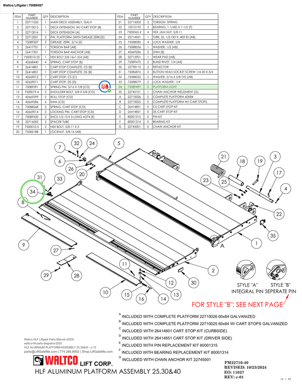 Waltco Liftgate | 75089497 — HLF ALUMINUM PLATFORM ASSEMBLY 25,30&40 · p.15 (Waltco HLF Parts Manual)