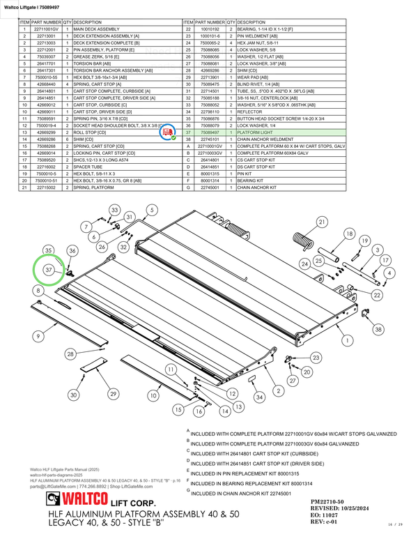 Waltco Liftgate | 75089497 — HLF ALUMINUM PLATFORM ASSEMBLY 40 & 50 LEGACY 40, & 50 - STYLE "B" · p.16 (Waltco HLF Parts Manual)