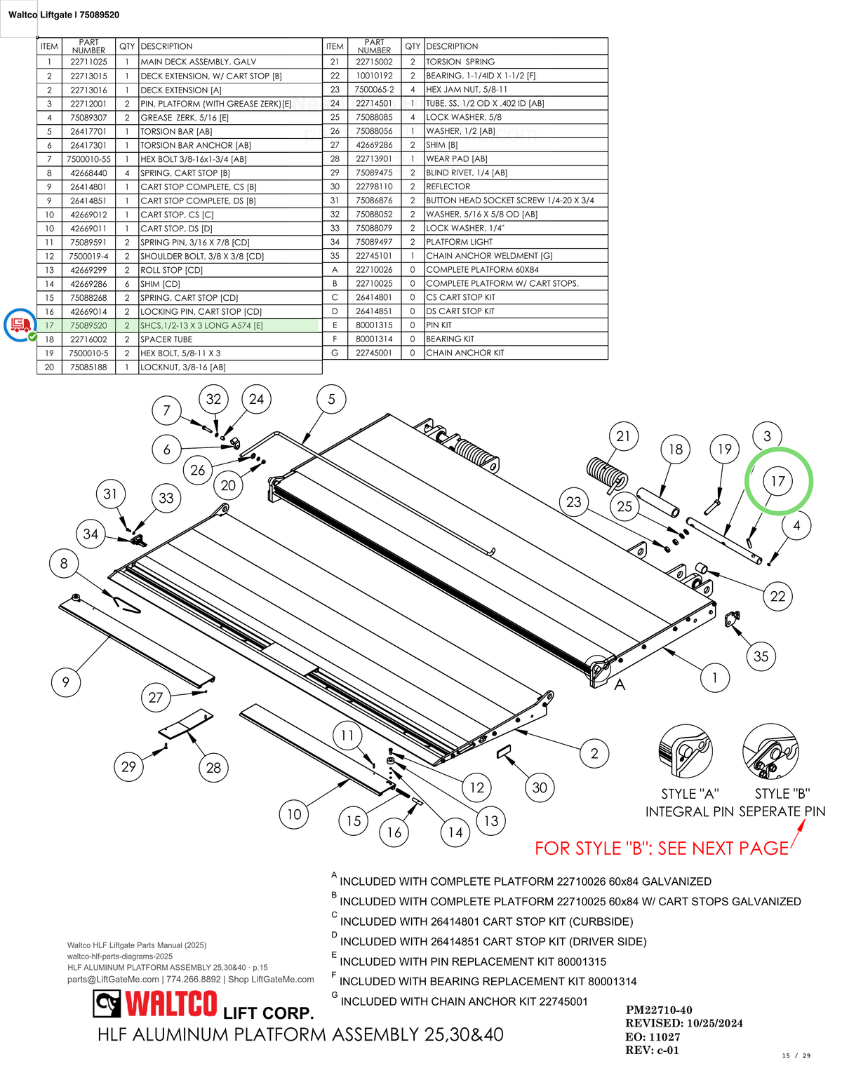 Waltco Liftgate | 75089520 — HLF ALUMINUM PLATFORM ASSEMBLY 25,30&40 · p.15 (Waltco HLF Parts Manual)