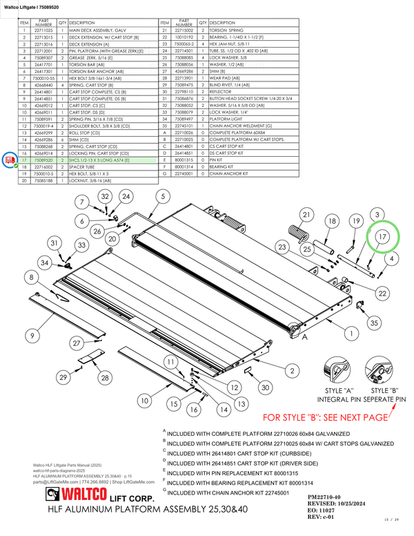 Waltco Liftgate | 75089520 — HLF ALUMINUM PLATFORM ASSEMBLY 25,30&40 · p.15 (Waltco HLF Parts Manual)