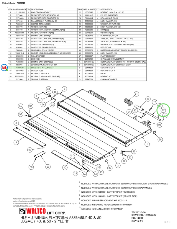 Waltco Liftgate | 75089520 — HLF ALUMINUM PLATFORM ASSEMBLY 40 & 50 LEGACY 40, & 50 - STYLE "B" · p.16 (Waltco HLF Parts Manual)