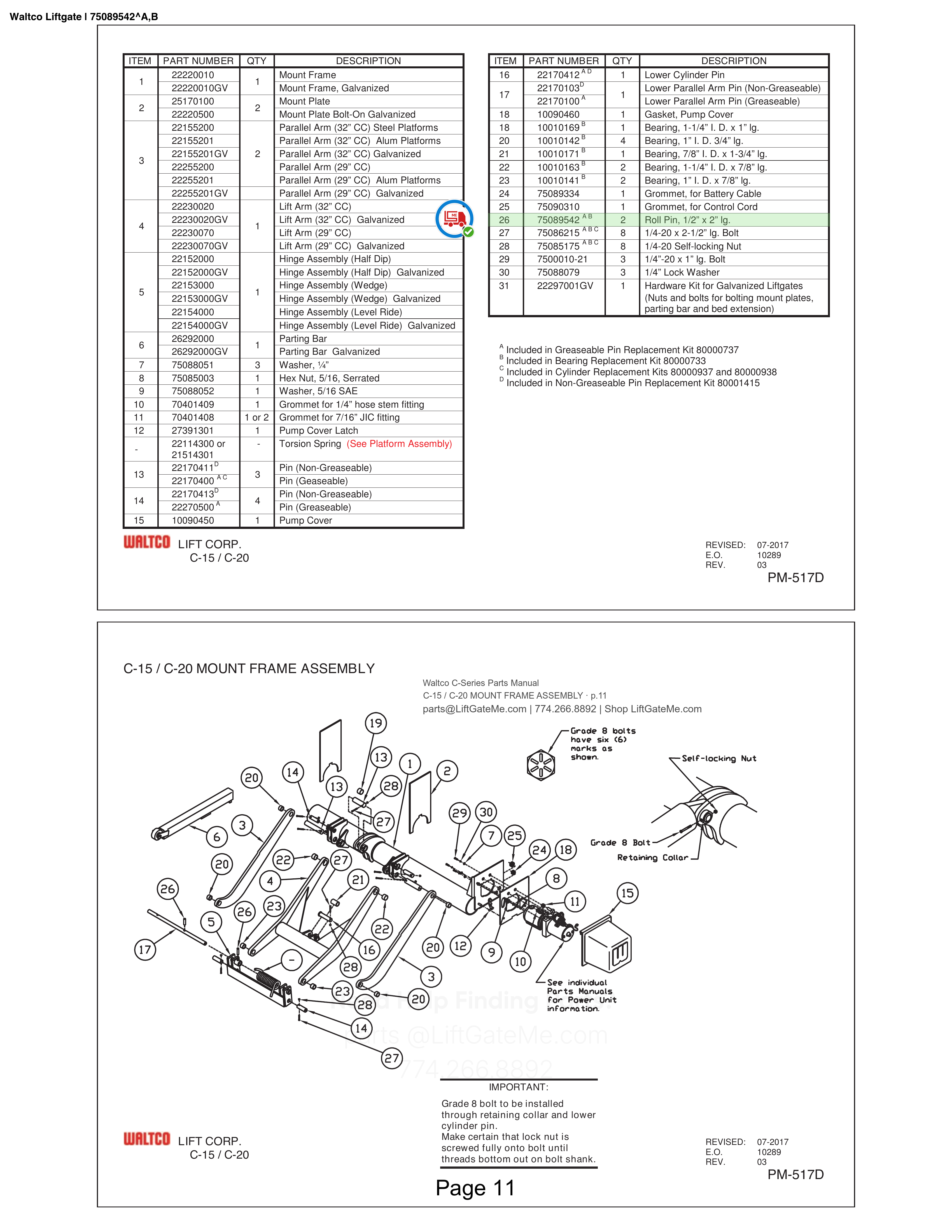Waltco Liftgate | 75089542 — C-15 / C-20 MOUNT FRAME ASSEMBLY · p.11 (Waltco C-Series Parts Manual)