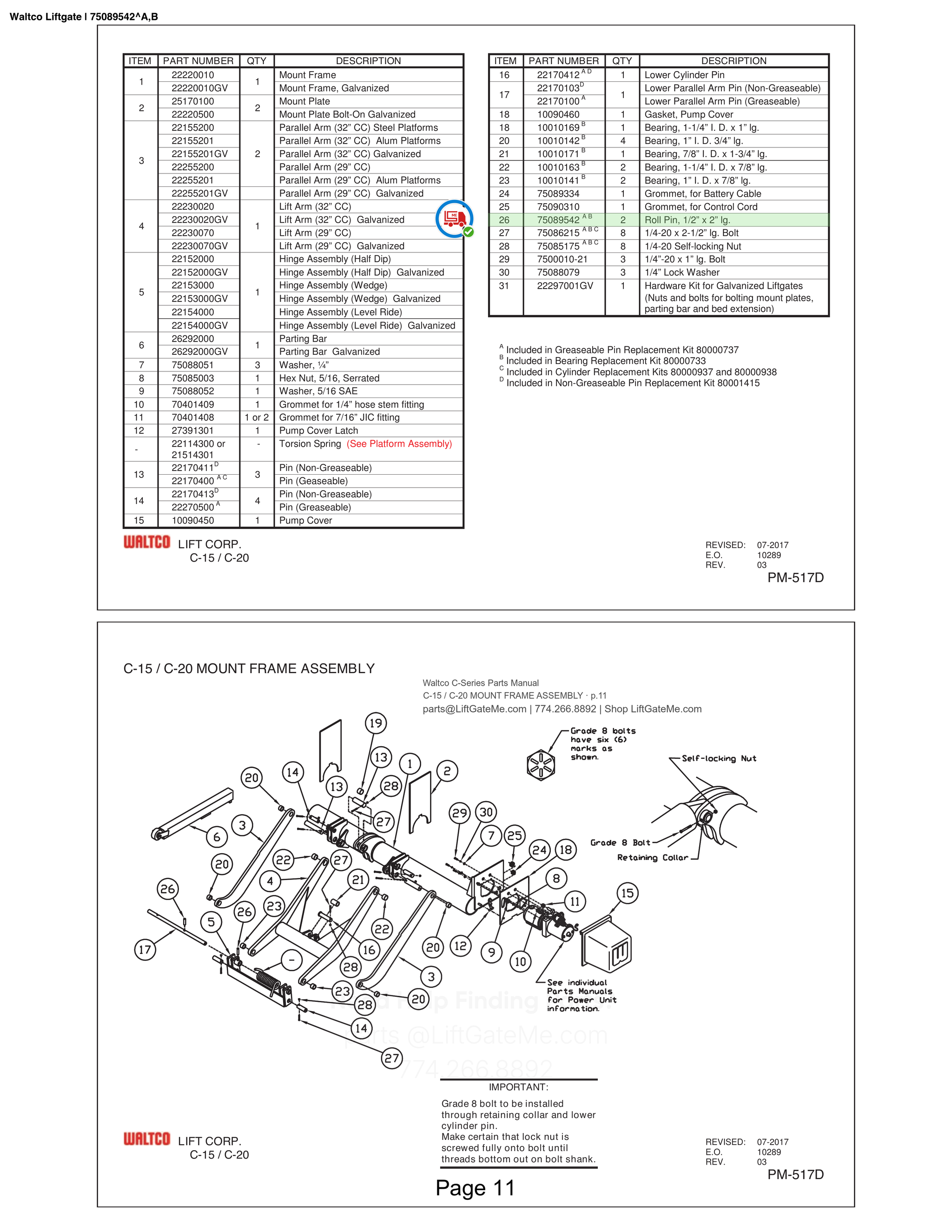 Waltco Liftgate | 75089542 — C-15 / C-20 MOUNT FRAME ASSEMBLY · p.11 (Waltco C-Series Parts Manual)