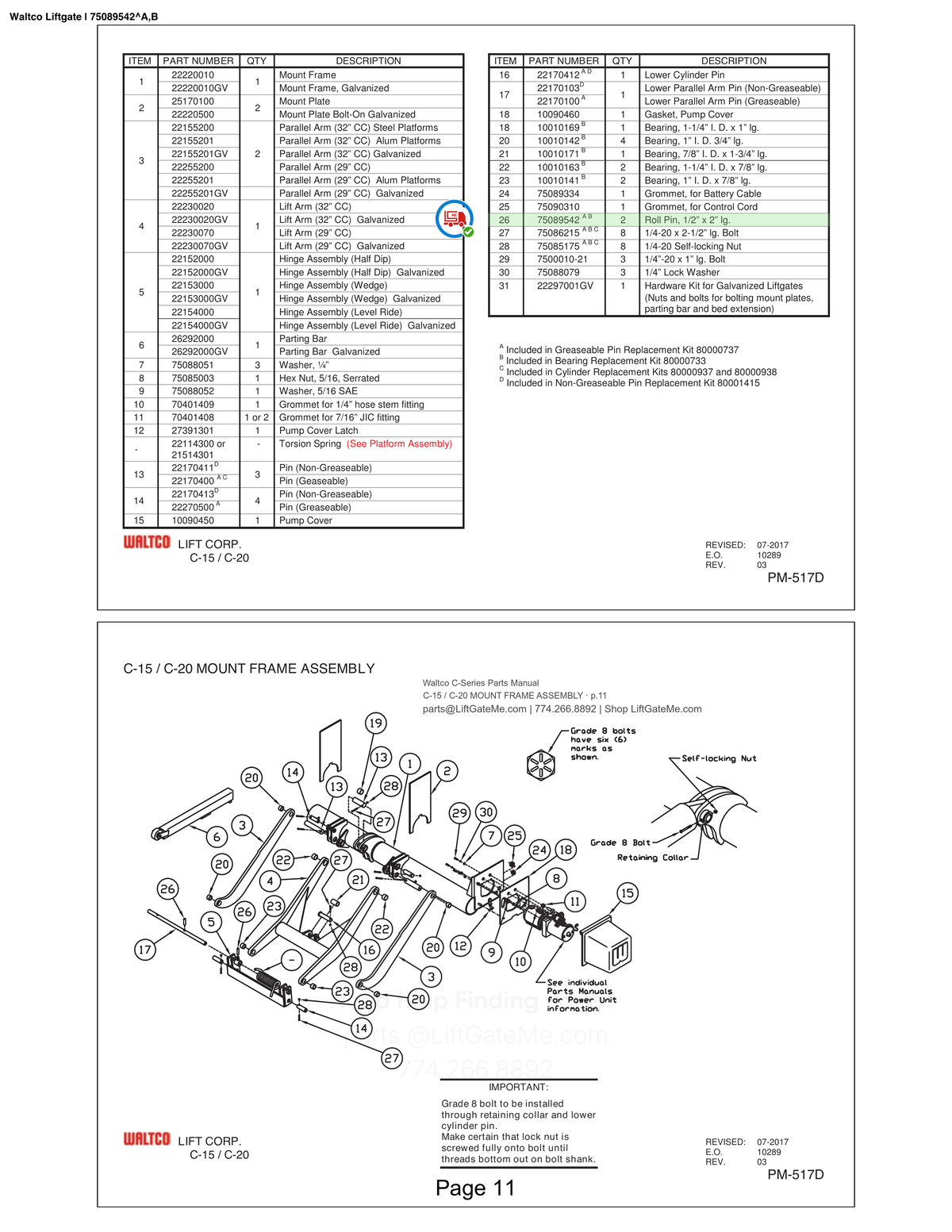 Waltco Liftgate | 75089542 — C-15 / C-20 MOUNT FRAME ASSEMBLY · p.11 (Waltco C-Series Parts Manual)