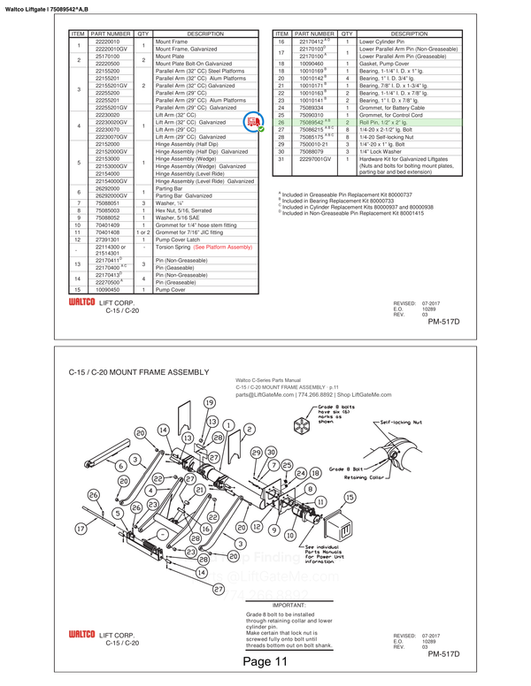 Waltco Liftgate | 75089542 — C-15 / C-20 MOUNT FRAME ASSEMBLY · p.11 (Waltco C-Series Parts Manual)
