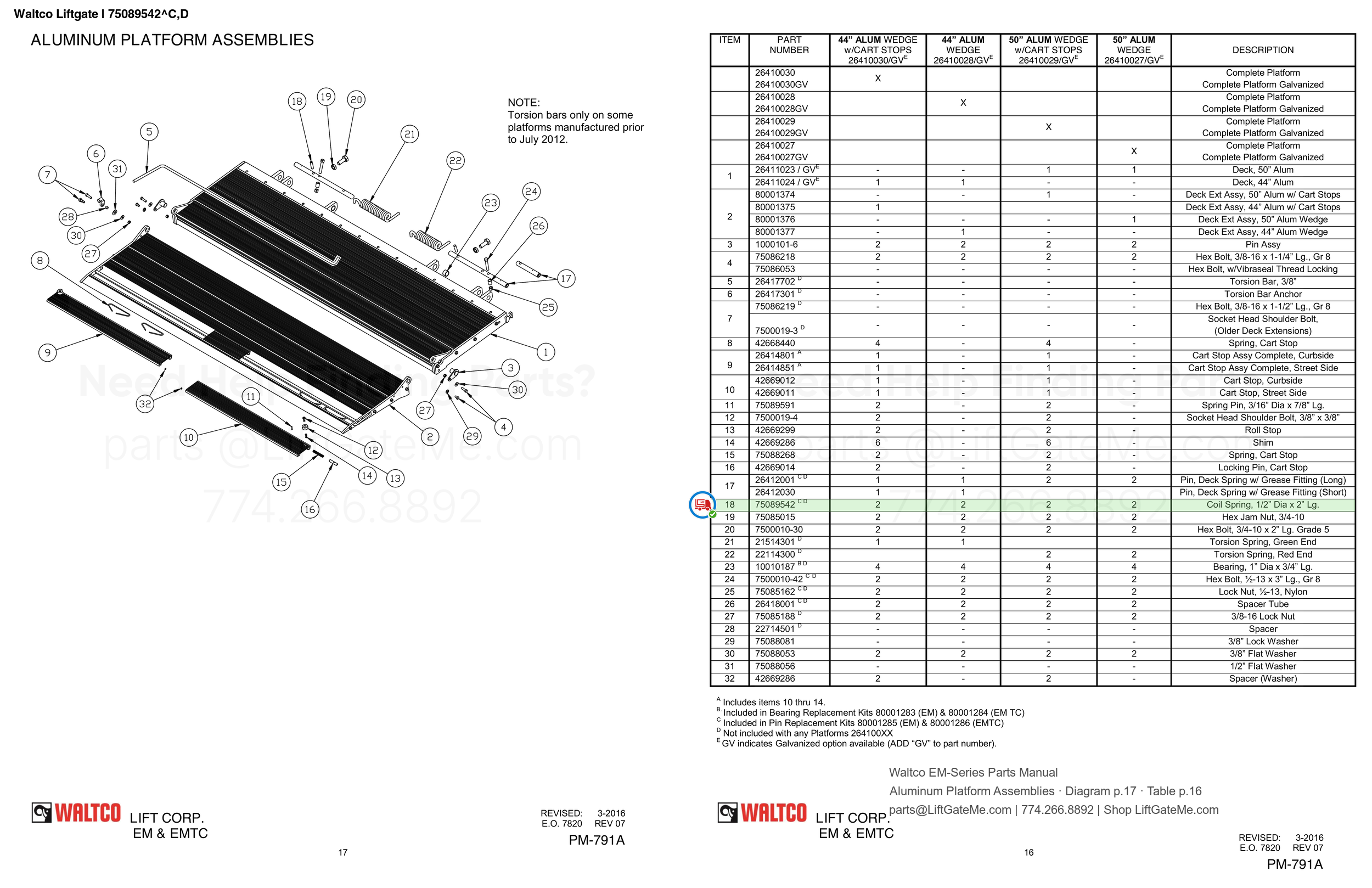 Waltco Liftgate | 75089542 — Aluminum Platform Assemblies · Diagram p.17 · Table p.16 (Waltco EM-Series Parts Manual)
