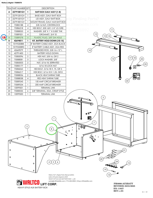 Waltco Liftgate | 75089578 — HEAVY-STYLE AUX BATTERY BOX · p.26 (Waltco HLF Parts Manual)