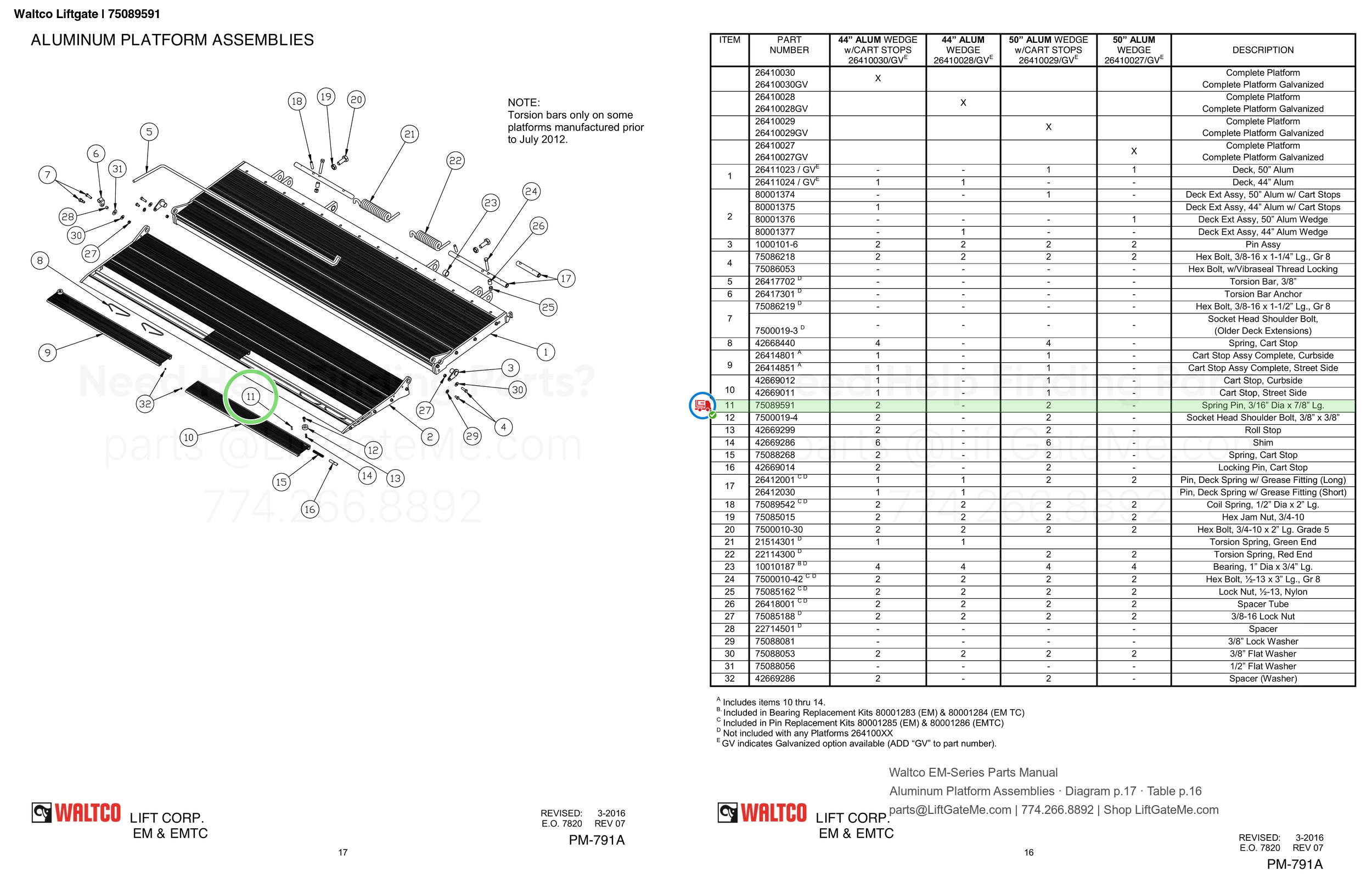 Waltco Liftgate | 75089591 — Aluminum Platform Assemblies · Diagram p.17 · Table p.16 (Waltco EM-Series Parts Manual)