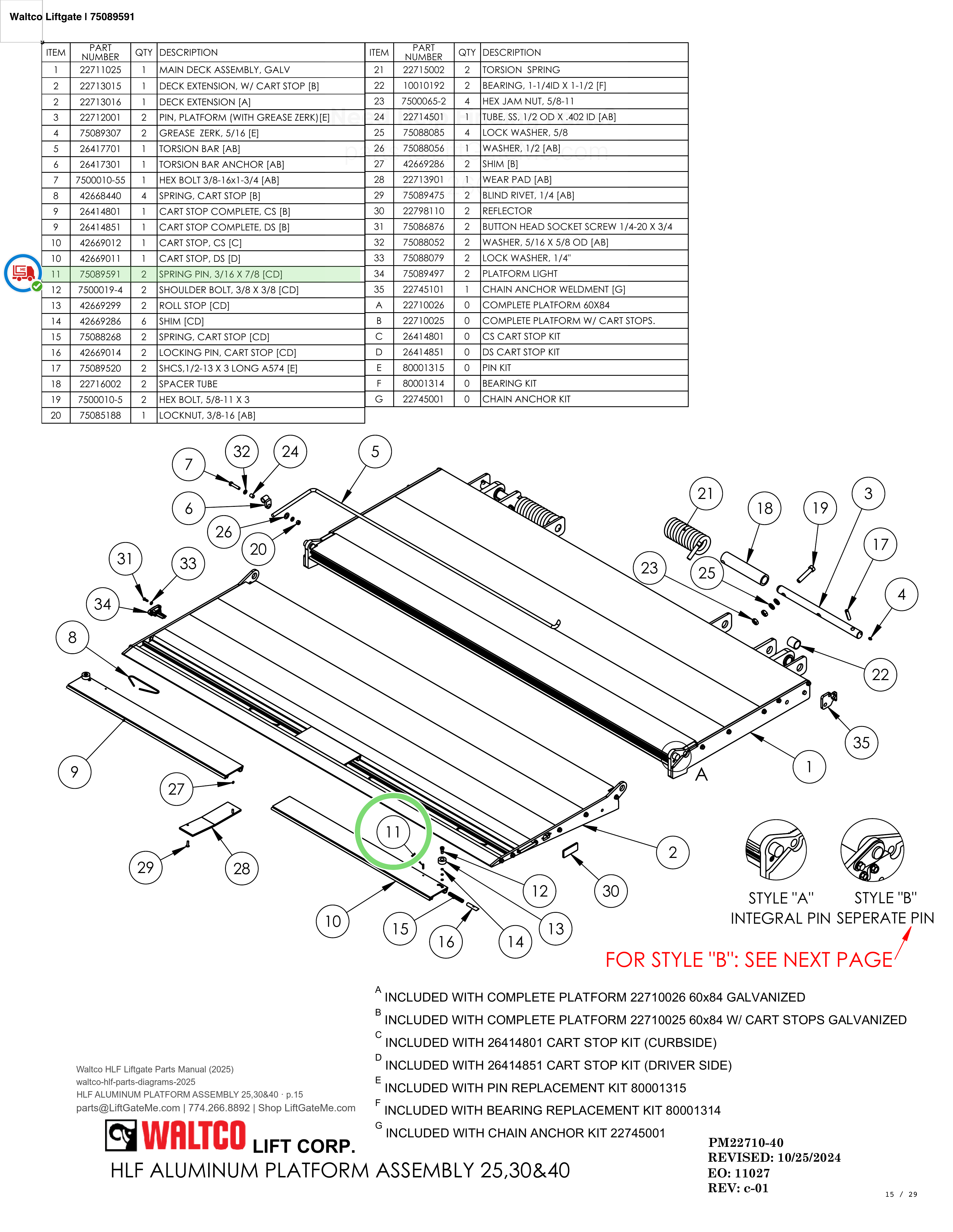 Waltco Liftgate | 75089591 — HLF ALUMINUM PLATFORM ASSEMBLY 25,30&40 · p.15 (Waltco HLF Parts Manual)