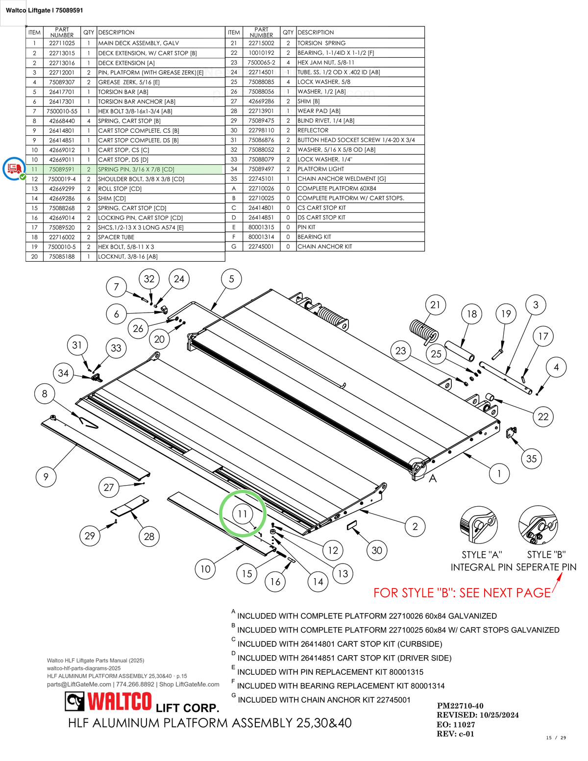 Waltco Liftgate | 75089591 — HLF ALUMINUM PLATFORM ASSEMBLY 25,30&40 · p.15 (Waltco HLF Parts Manual)