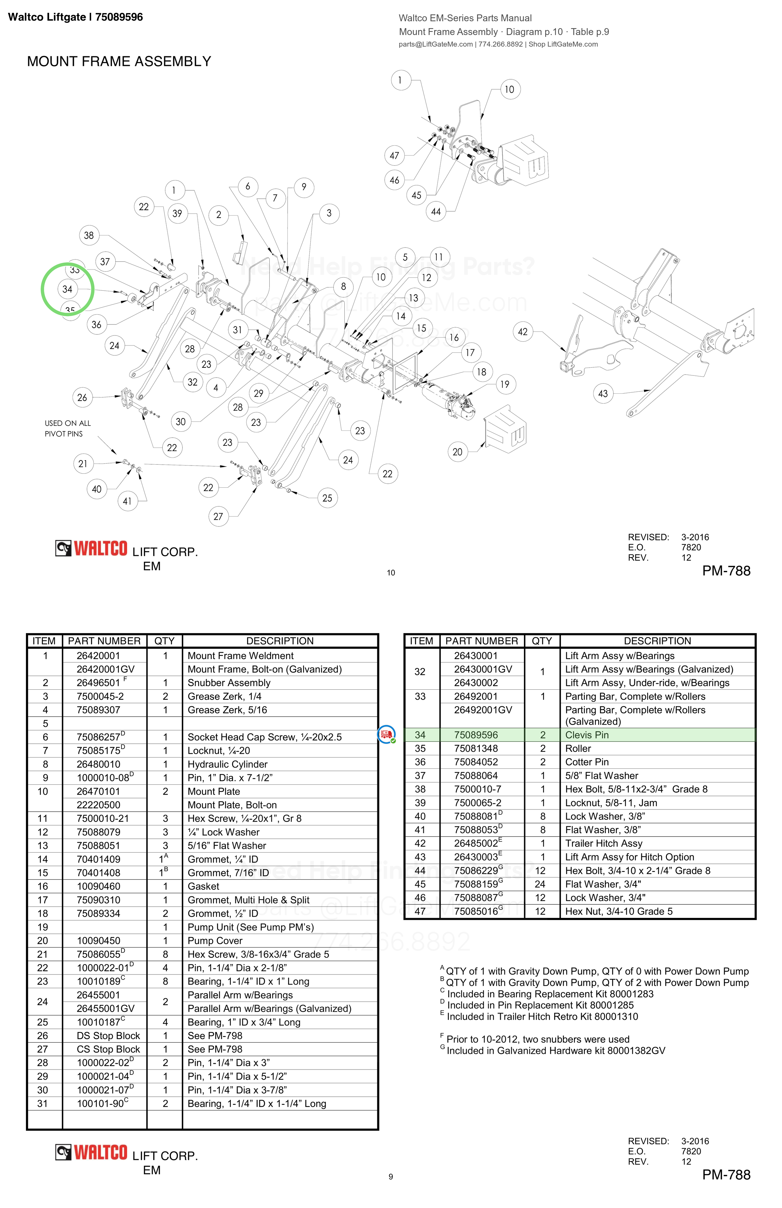 Waltco Liftgate | 75089596 — Mount Frame Assembly · Diagram p.10 · Table p.9 (Waltco EM-Series Parts Manual)
