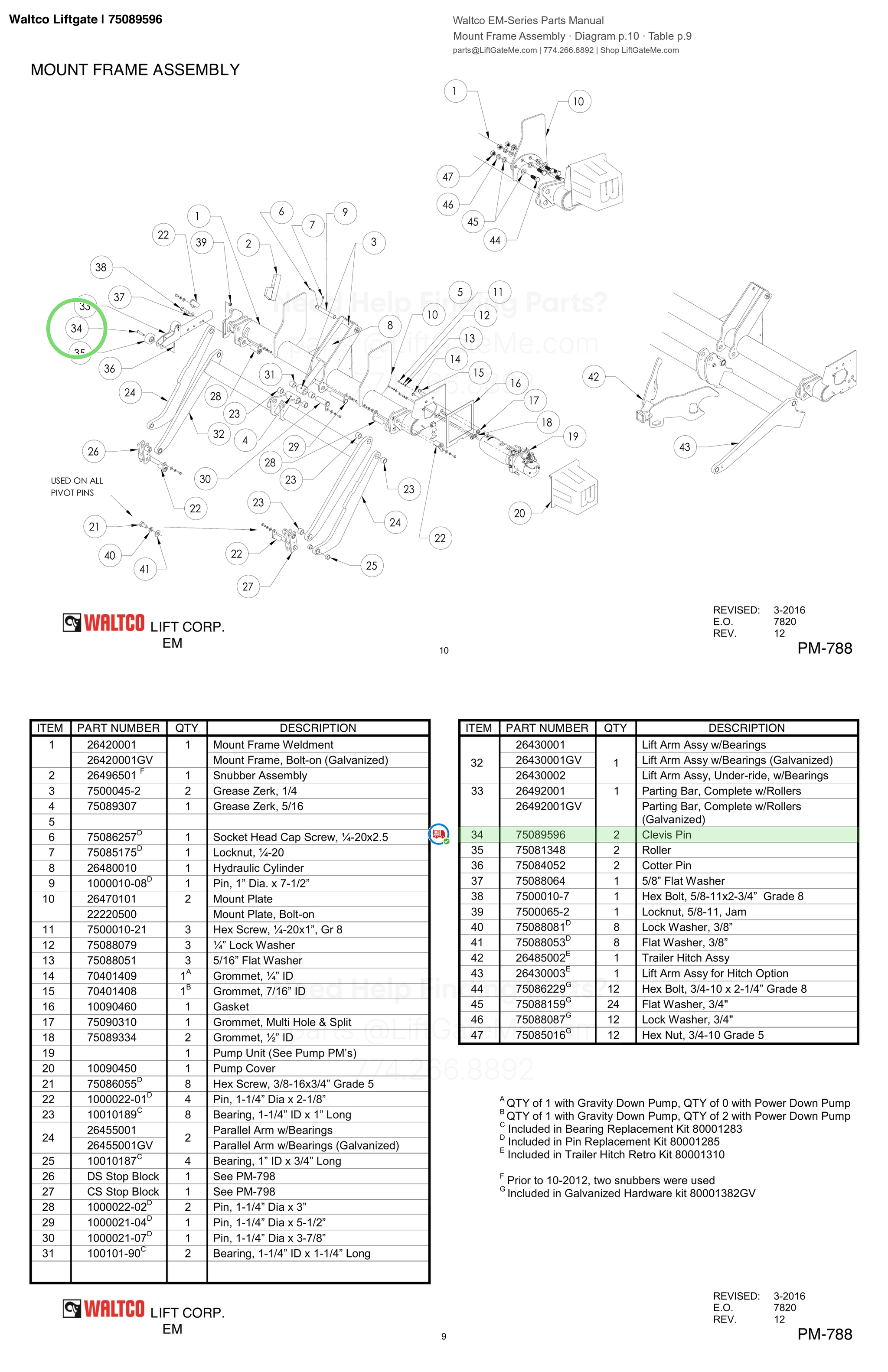 Waltco Liftgate | 75089596 — Mount Frame Assembly · Diagram p.10 · Table p.9 (Waltco EM-Series Parts Manual)