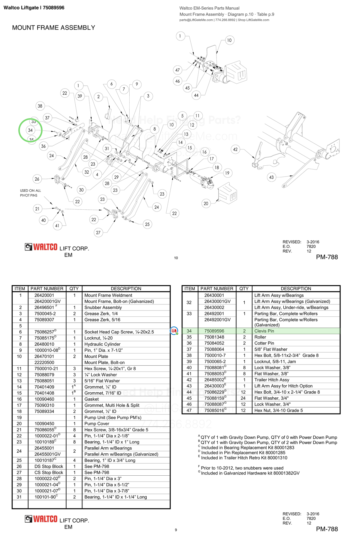 Waltco Liftgate | 75089596 — Mount Frame Assembly · Diagram p.10 · Table p.9 (Waltco EM-Series Parts Manual)