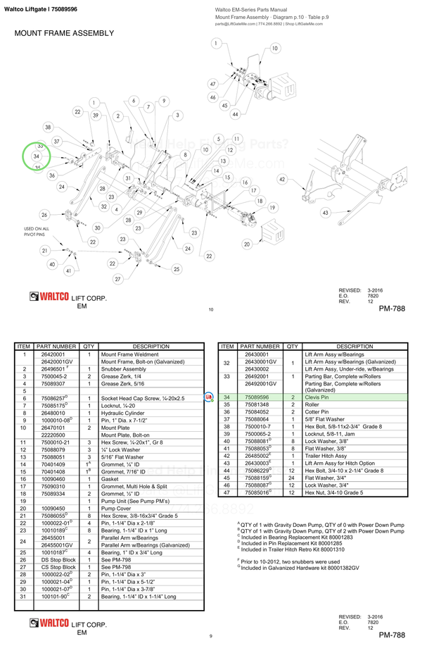 Waltco Liftgate | 75089596 — Mount Frame Assembly · Diagram p.10 · Table p.9 (Waltco EM-Series Parts Manual)