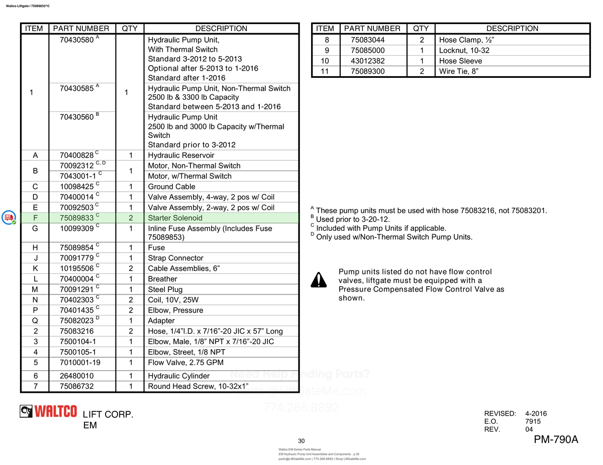 Waltco Liftgate | 75089833 — EM Hydraulic Pump Unit Assemblies and Components · p.30 (Waltco EM-Series Parts Manual)