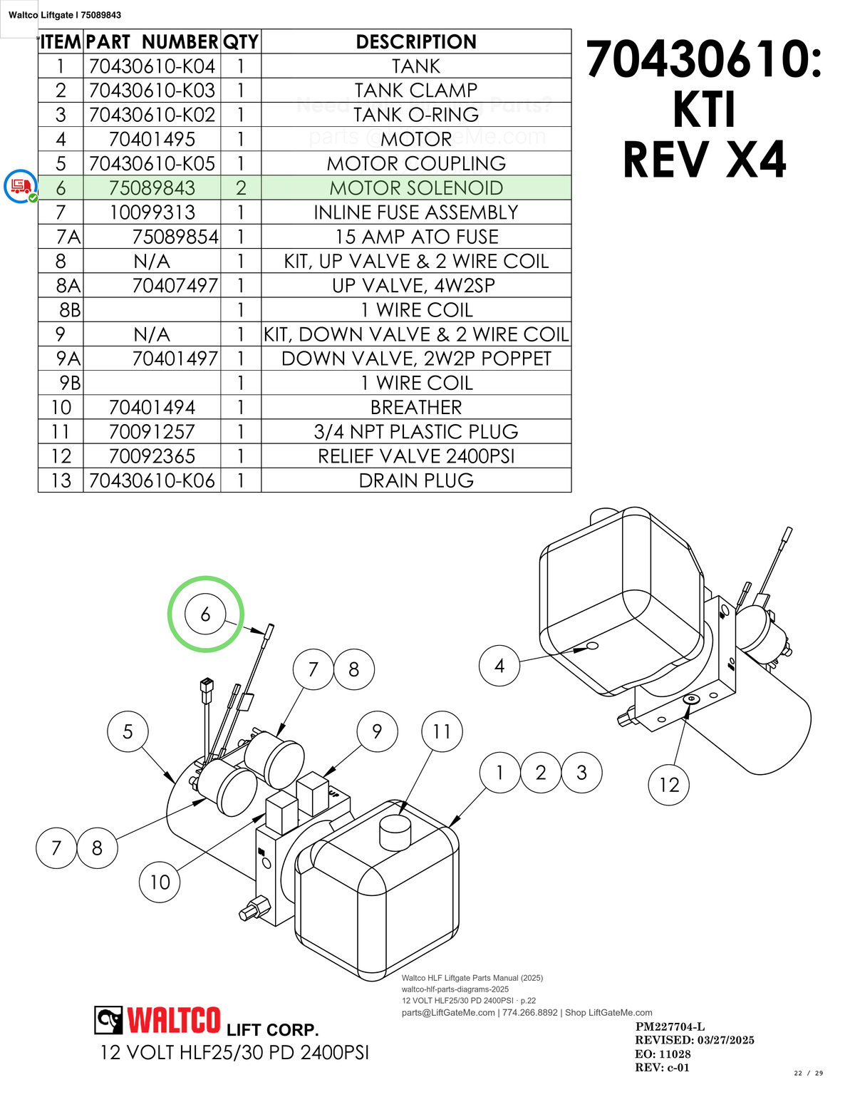 Waltco Liftgate | 75089843 — 12 VOLT HLF25/30 PD 2400PSI · p.22 (Waltco HLF Parts Manual)