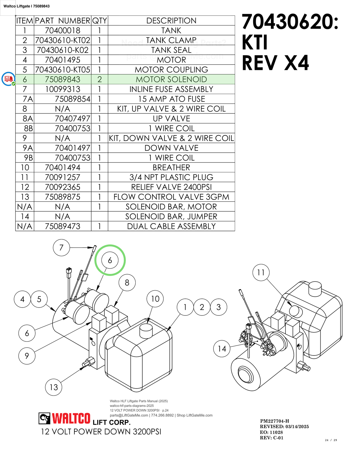 Waltco Liftgate | 75089843 — 12 VOLT POWER DOWN 3200PSI · p.24 (Waltco HLF Parts Manual)