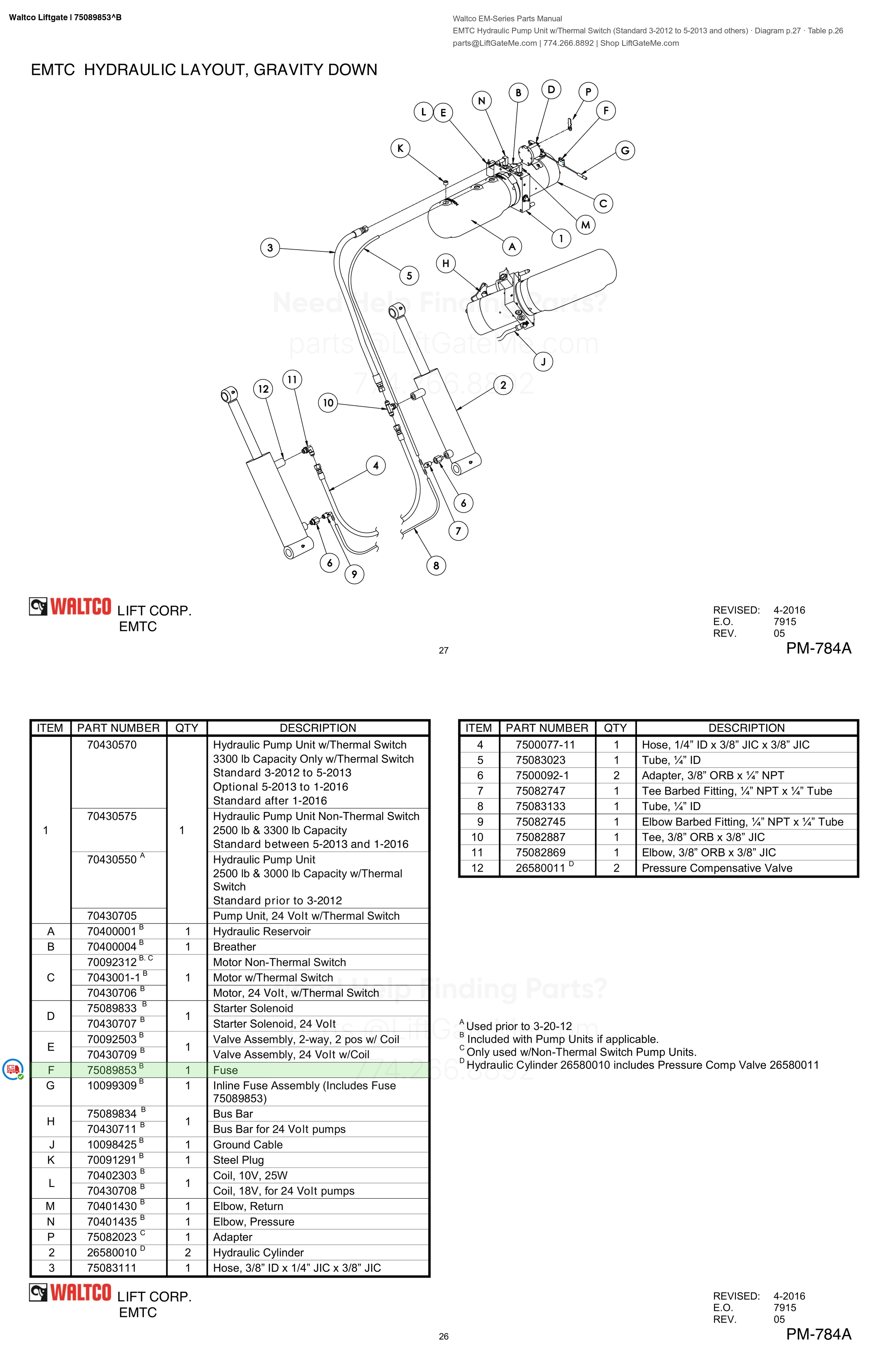 Waltco Liftgate | 75089853 — EMTC Hydraulic Pump Unit w/Thermal Switch (Standard 3-2012 to 5-2013 and others) · Diagram p.27 · Table p.26 (Waltco EM-Series Parts Manual)