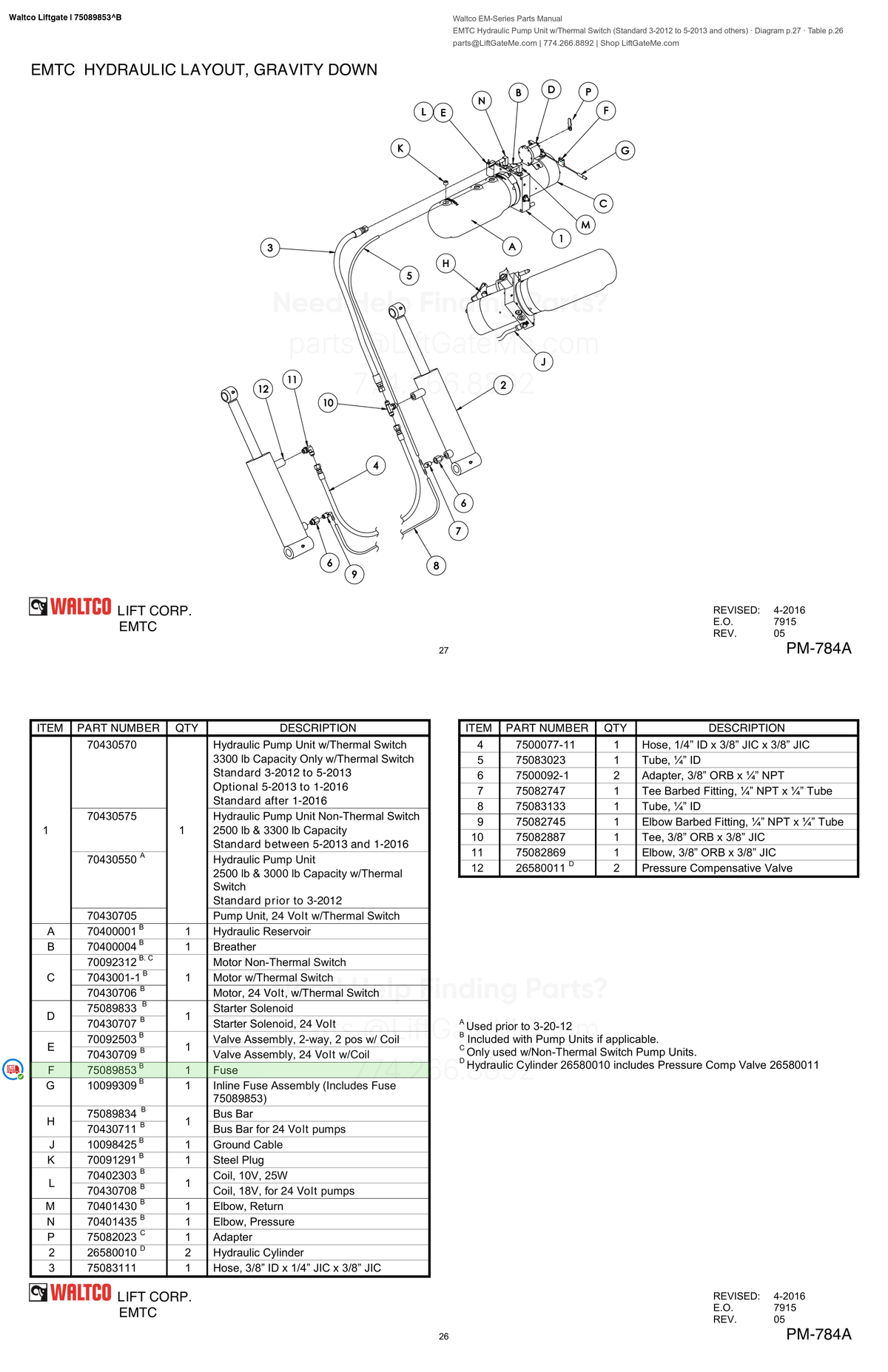 Waltco Liftgate | 75089853 — EMTC Hydraulic Pump Unit w/Thermal Switch (Standard 3-2012 to 5-2013 and others) · Diagram p.27 · Table p.26 (Waltco EM-Series Parts Manual)
