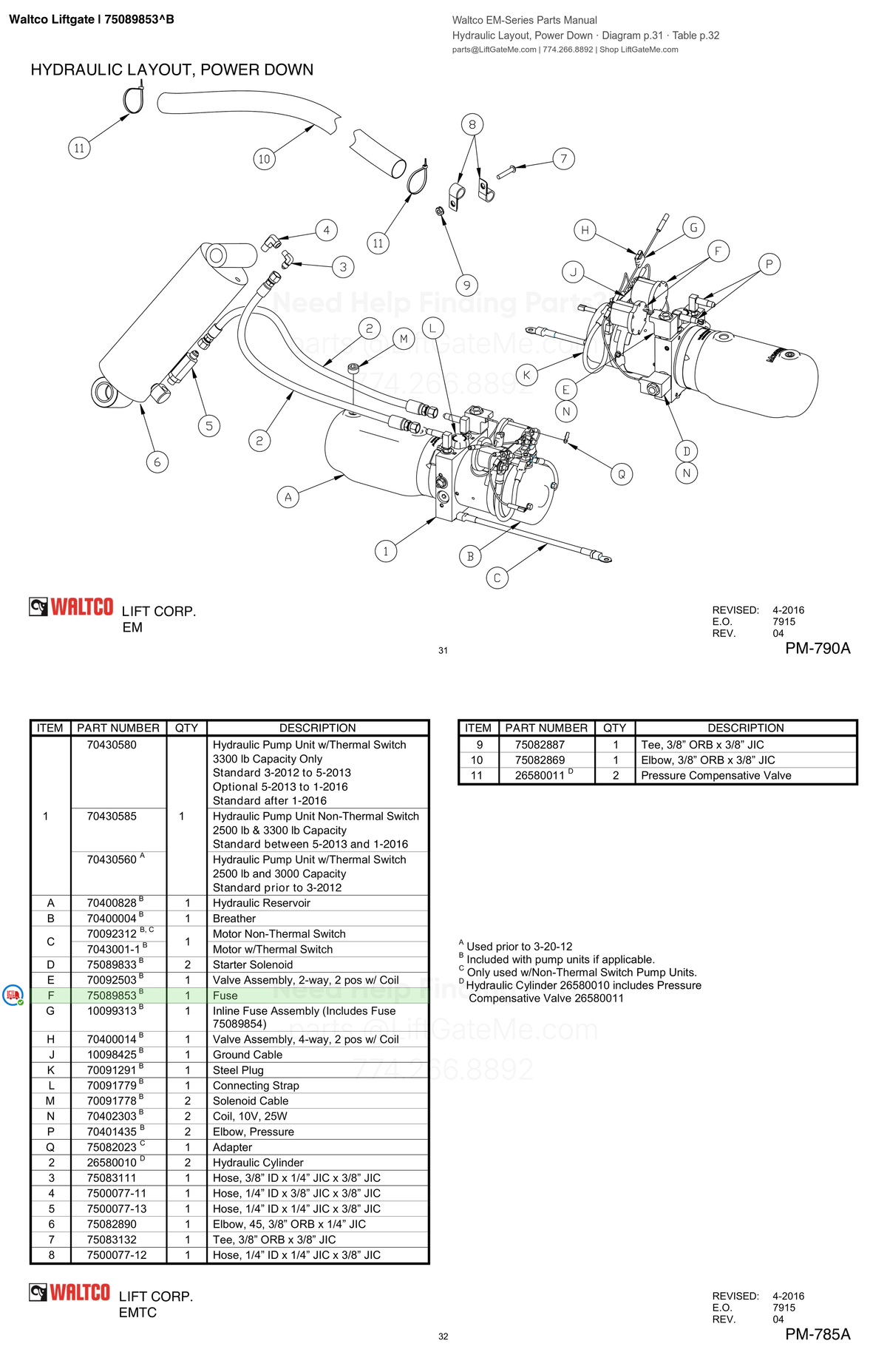 Waltco Liftgate | 75089853 — Hydraulic Layout, Power Down · Diagram p.31 · Table p.32 (Waltco EM-Series Parts Manual)