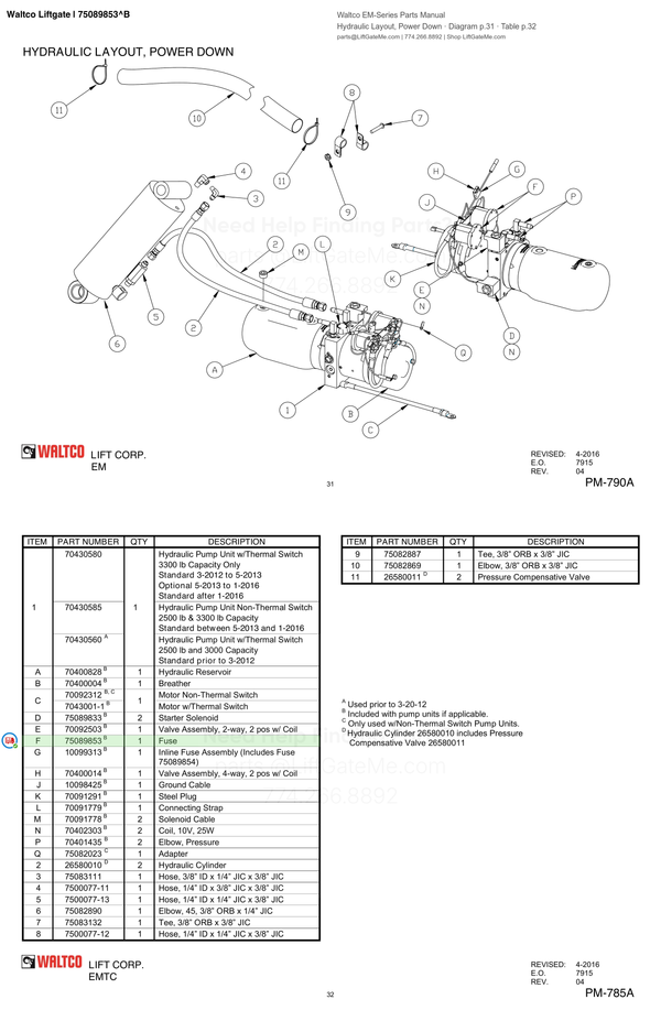 Waltco Liftgate | 75089853 — Hydraulic Layout, Power Down · Diagram p.31 · Table p.32 (Waltco EM-Series Parts Manual)