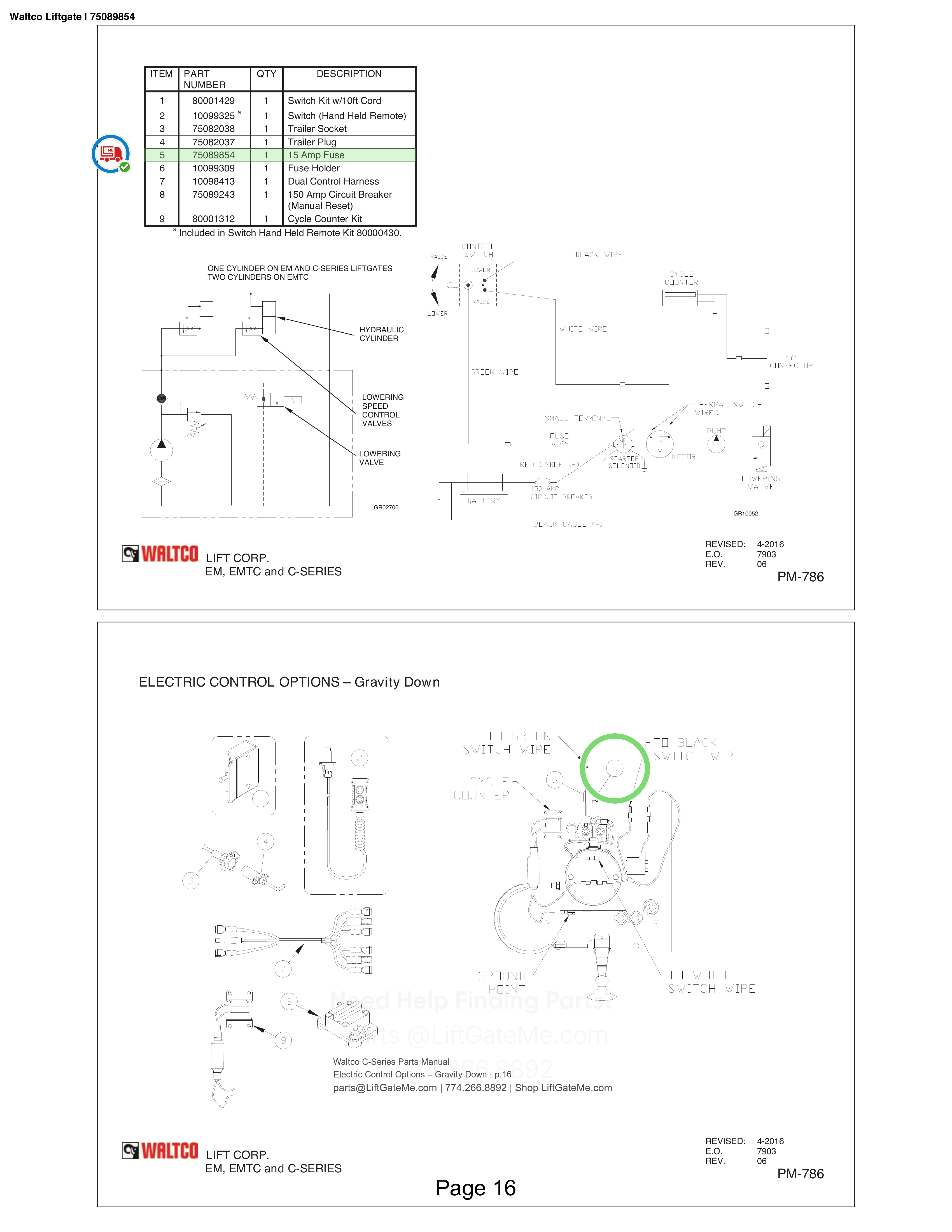 Waltco Liftgate | 75089854 — Electric Control Options – Gravity Down · p.16 (Waltco C-Series Parts Manual)