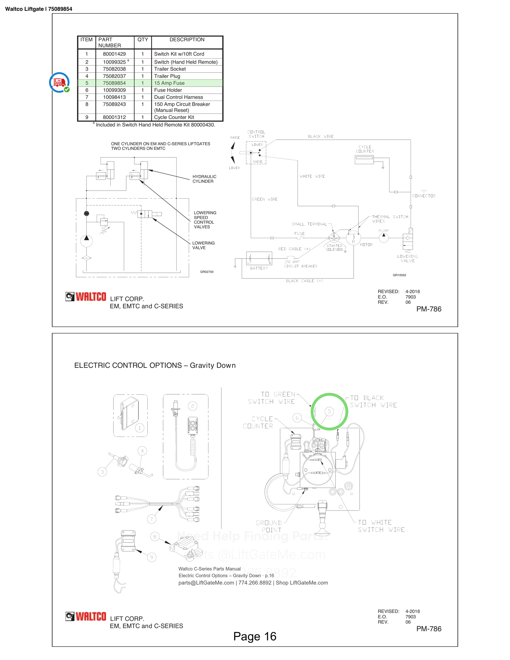 Waltco Liftgate | 75089854 — Electric Control Options – Gravity Down · p.16 (Waltco C-Series Parts Manual)