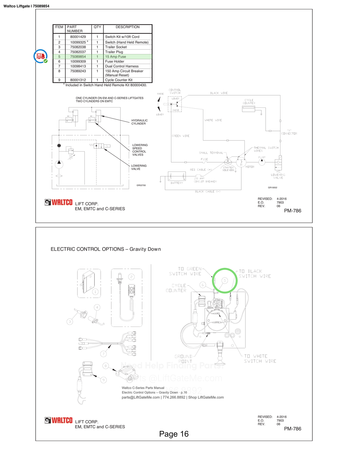Waltco Liftgate | 75089854 — Electric Control Options – Gravity Down · p.16 (Waltco C-Series Parts Manual)