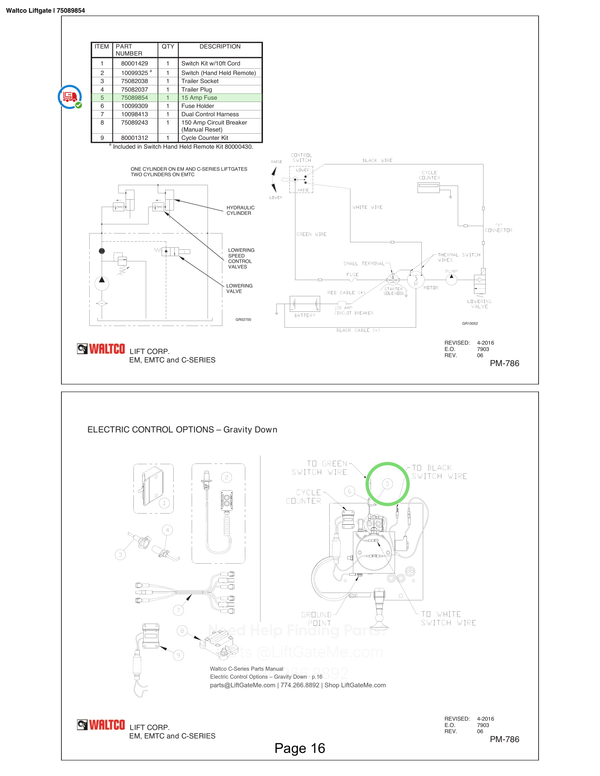 Waltco Liftgate | 75089854 — Electric Control Options – Gravity Down · p.16 (Waltco C-Series Parts Manual)