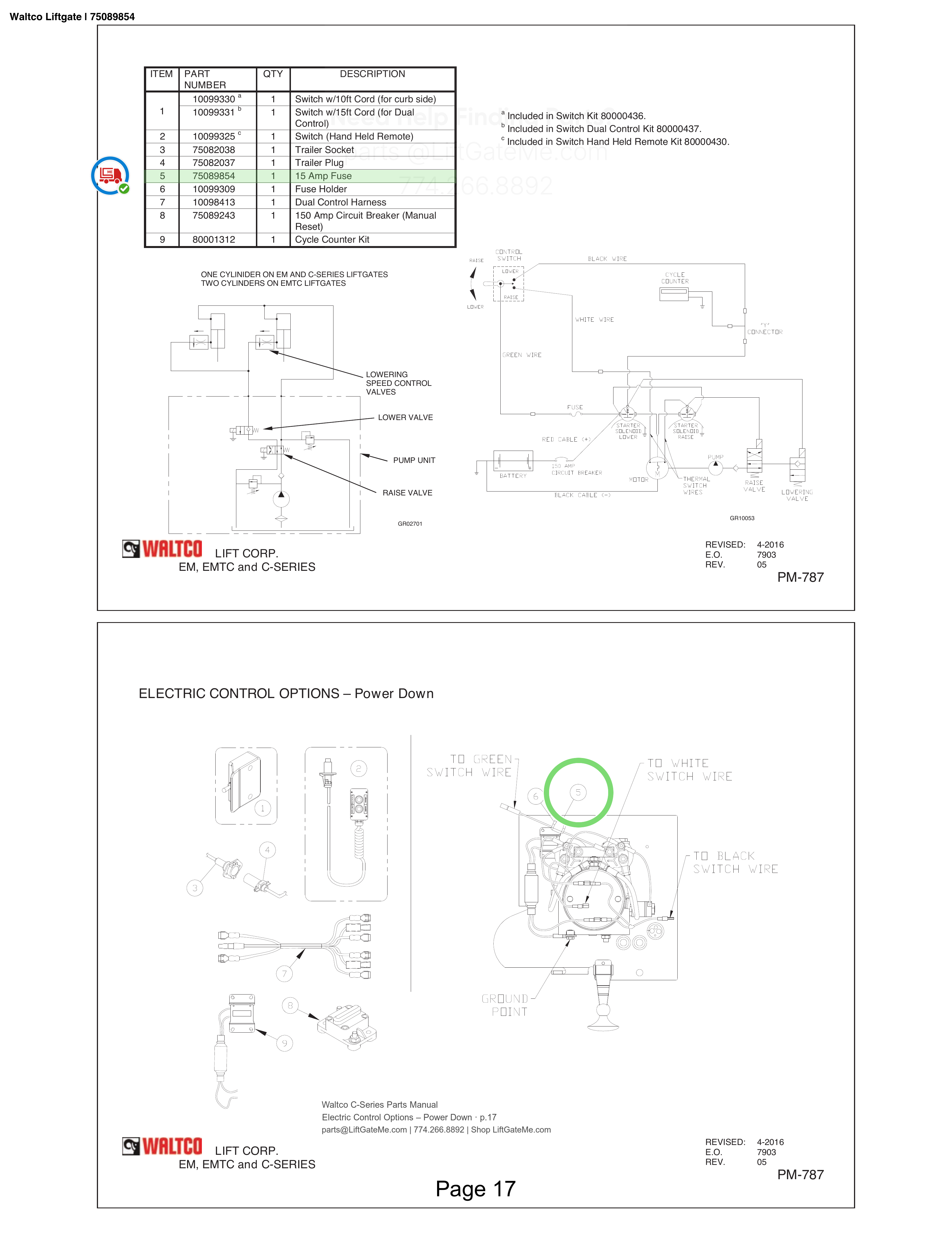 Waltco Liftgate | 75089854 — Electric Control Options – Power Down · p.17 (Waltco C-Series Parts Manual)