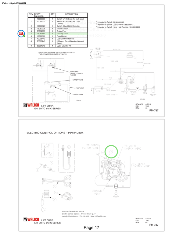 Waltco Liftgate | 75089854 — Electric Control Options – Power Down · p.17 (Waltco C-Series Parts Manual)