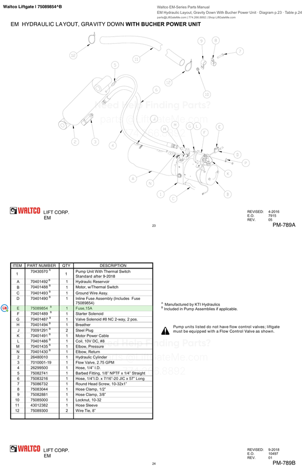 Waltco Liftgate | 75089854 — EM Hydraulic Layout, Gravity Down With Bucher Power Unit · Diagram p.23 · Table p.24 (Waltco EM-Series Parts Manual)