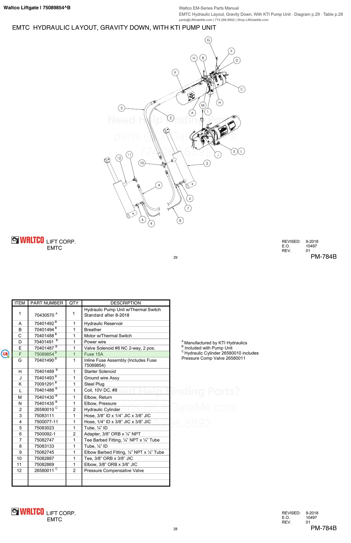 Waltco Liftgate | 75089854 — EMTC Hydraulic Layout, Gravity Down, With KTI Pump Unit · Diagram p.29 · Table p.28 (Waltco EM-Series Parts Manual)
