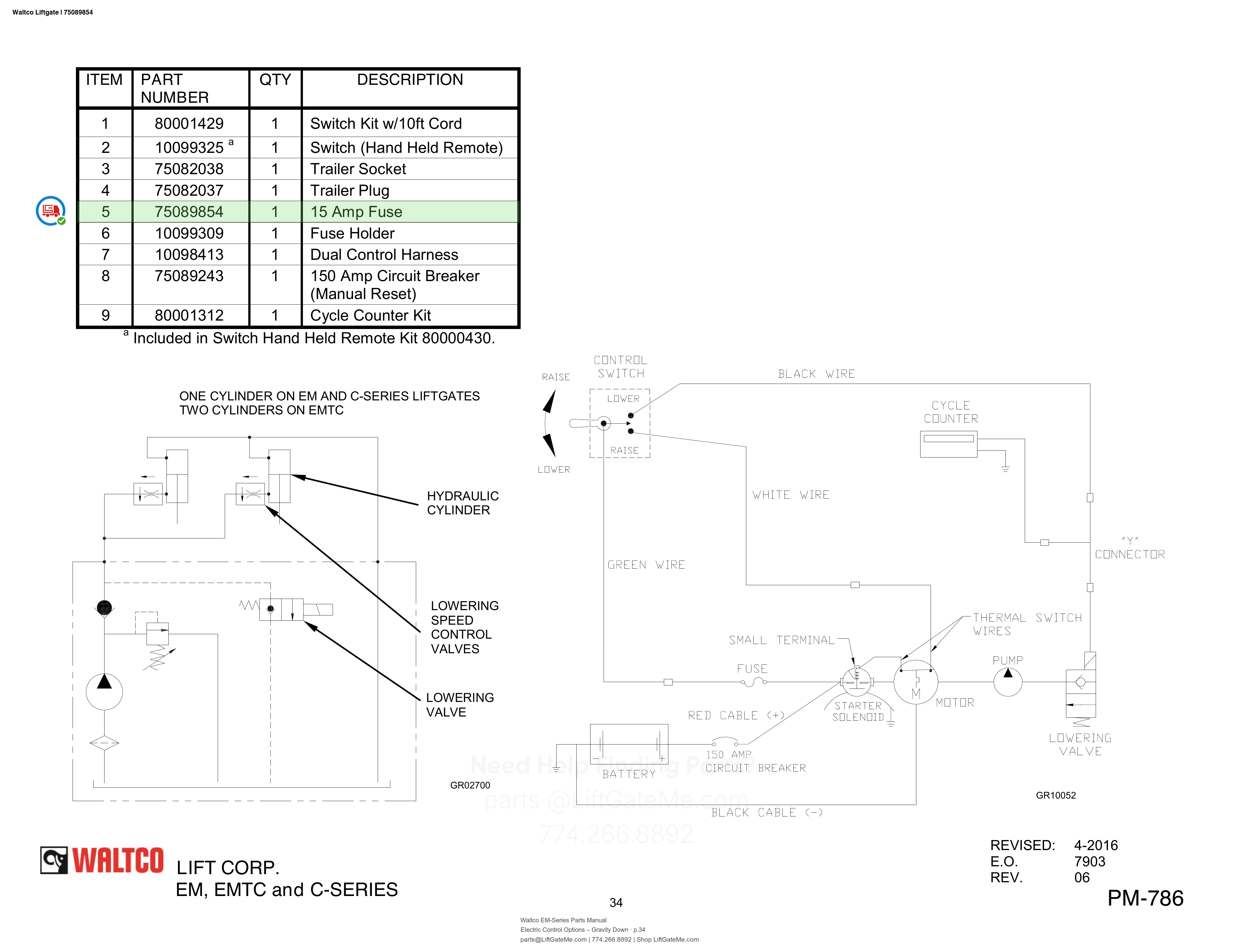 Waltco Liftgate | 75089854 — Electric Control Options – Gravity Down · p.34 (Waltco EM-Series Parts Manual)